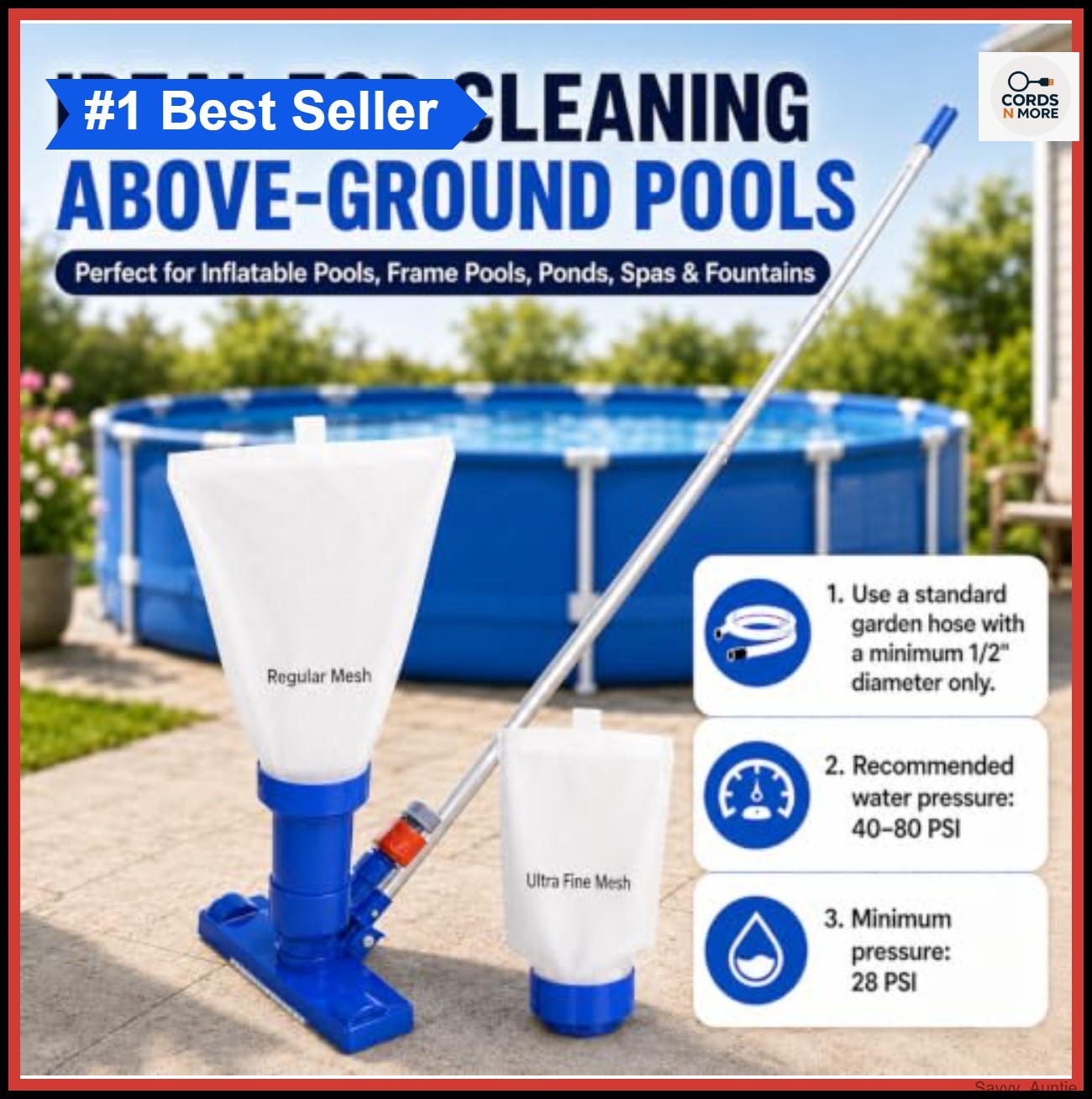 Pool Spa Jet Vacuum Cleaner 56 Inch Pole with 2 Filter Bags for Above Ground