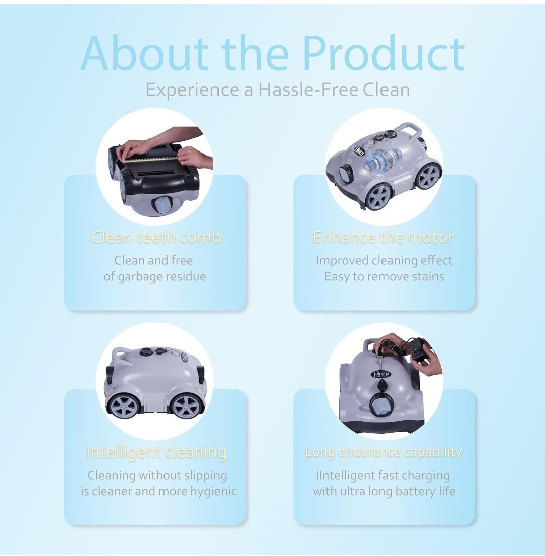 Hinice Cordless Robotic Pool Cleaner, Automatic Pool Vacuum Robot (Grey) 2152 sq