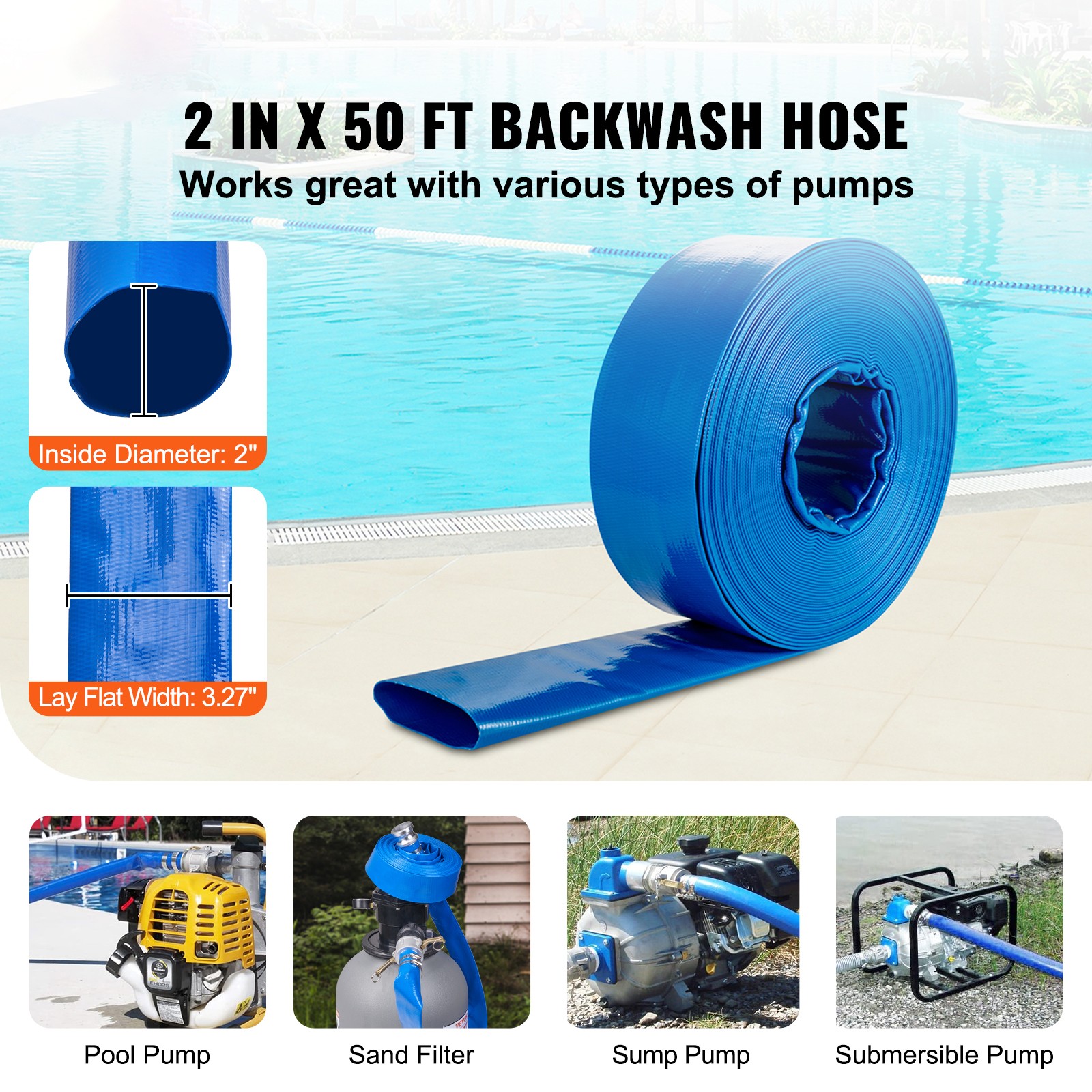 VEVOR Backwash Hose PVC Discharge Hose 2 in x 50 ft with Camlock C & E Fittings