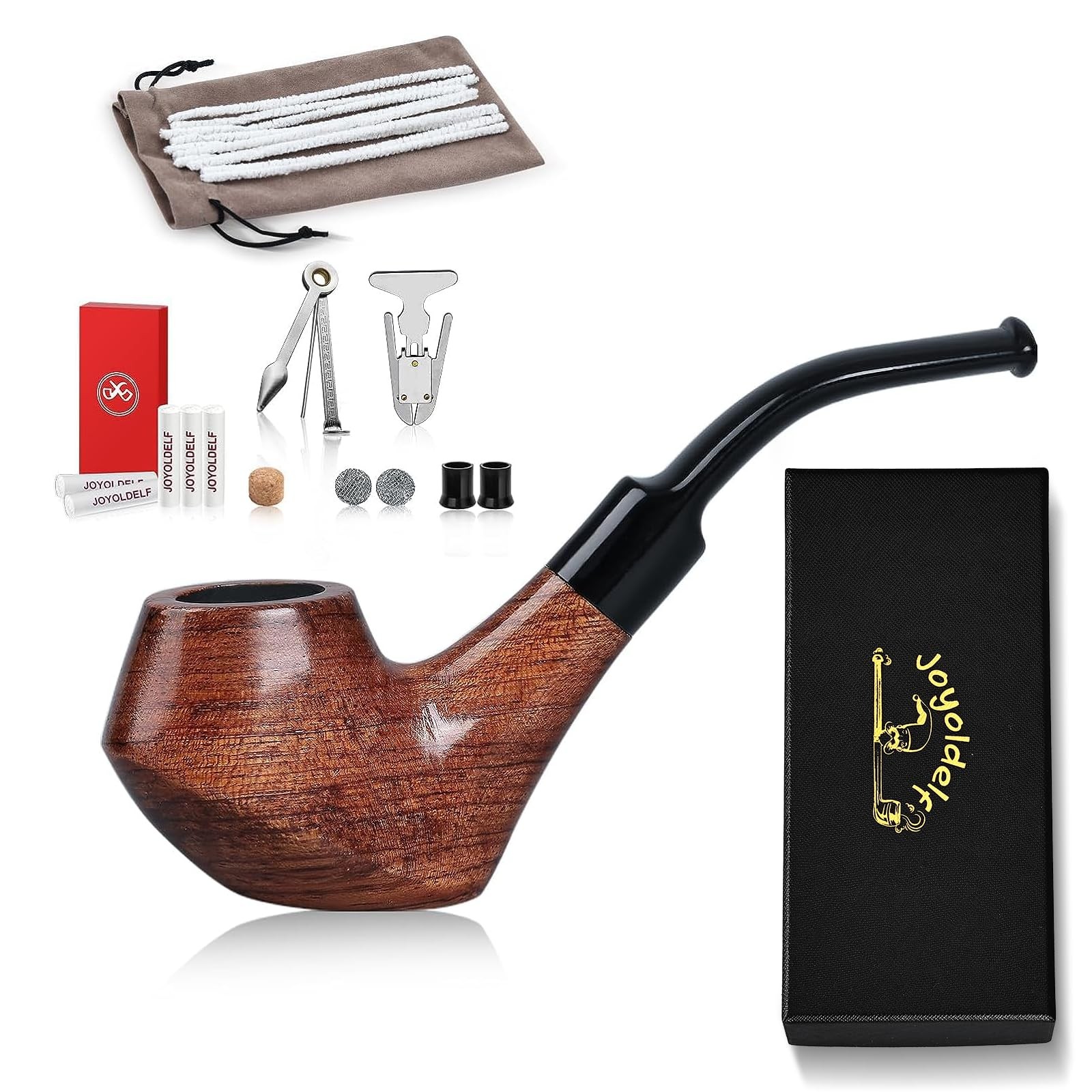 Joyoldelf Smoking Pipe, Wooden Tobacco Pipe with Gift 29 Piece Set, brown