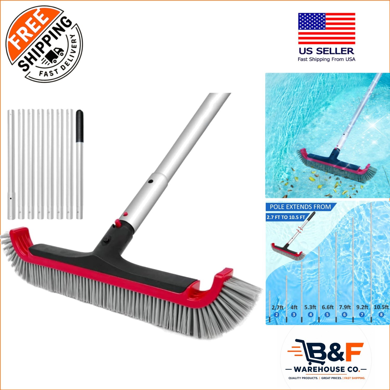 Curved-End Pool Brush – 17.5&Prime; Head & 10FT Adjustable Pole for Ultimate