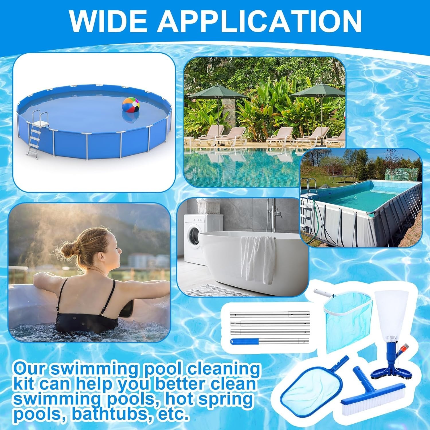 5 Pcs Pool Cleaning Kit Jet Vacuum Skimmer Nets Brush Pole Above Ground Spa