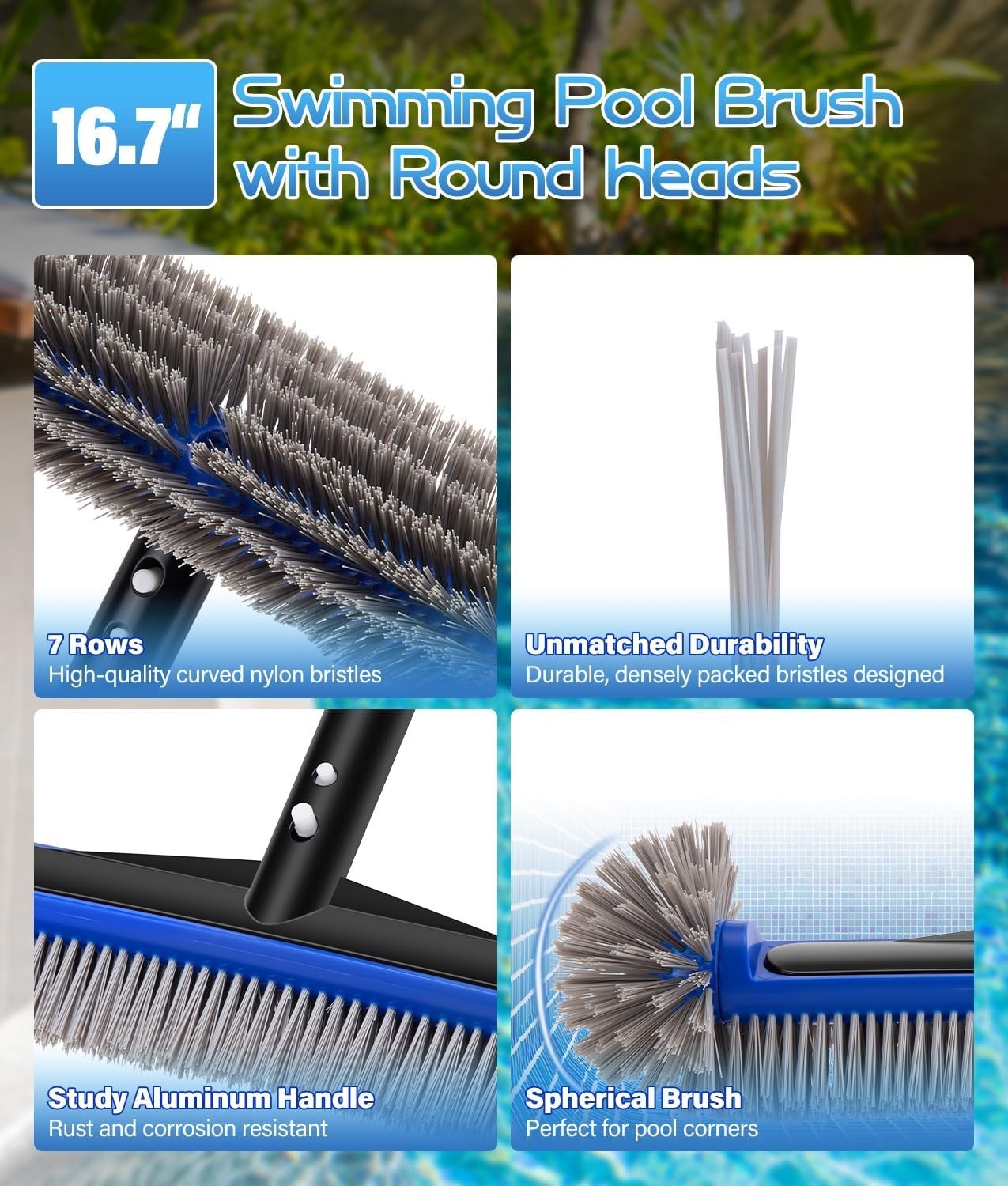 17.4 » Pool Brush Head with Aluminum Handle for Walls, Steps, Corners