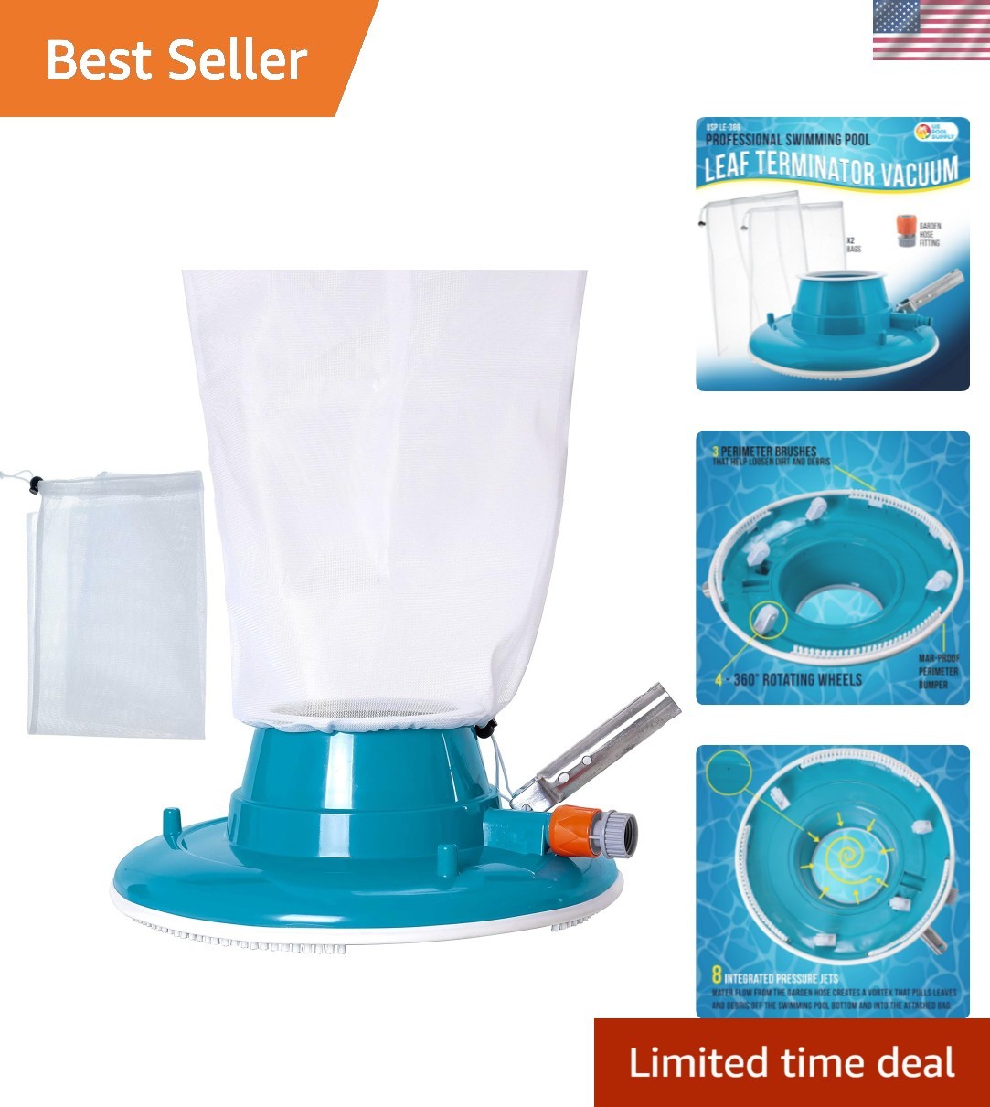 Efficient Swimming Pool Cleaner – 15&Prime; Leaf Vacuum with Pressure Jets & Brushes