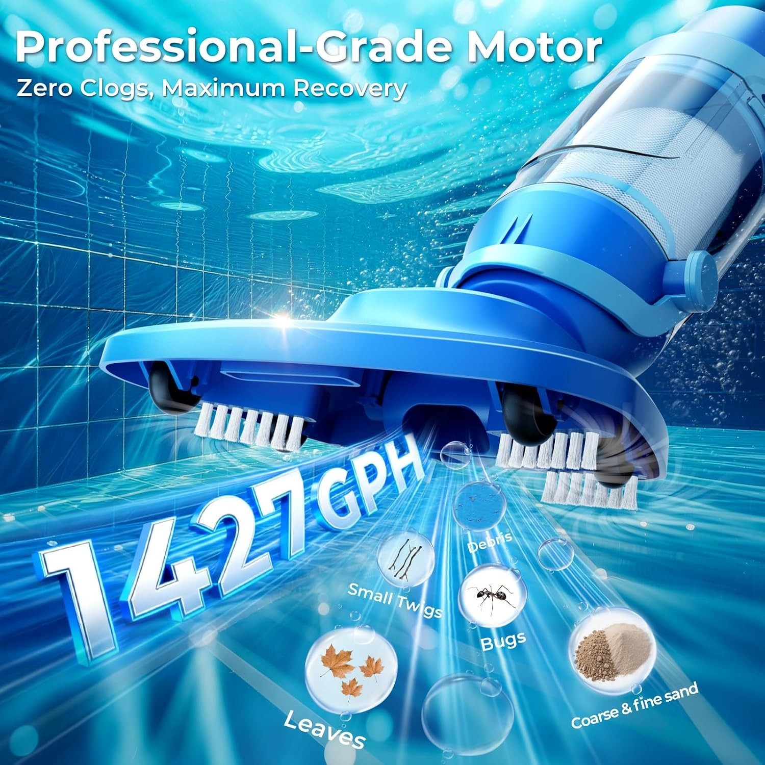 Pool Vacuum for Above Ground Pool, 1427 GPH Powerful Stable Suction, Telescopic
