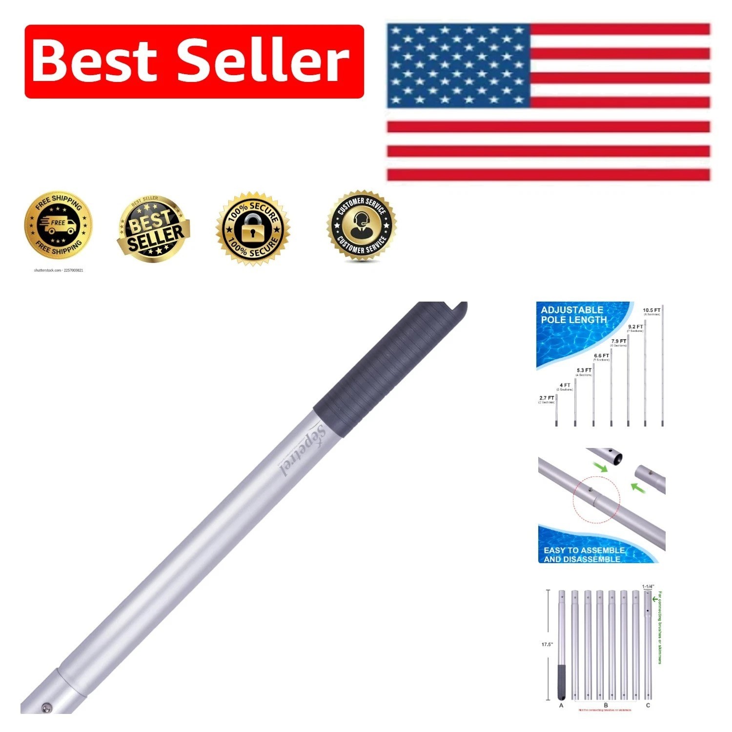Rust-Resistant 10.5 FT Aluminum Pool Cleaning Pole – Easy Storage & Assembly