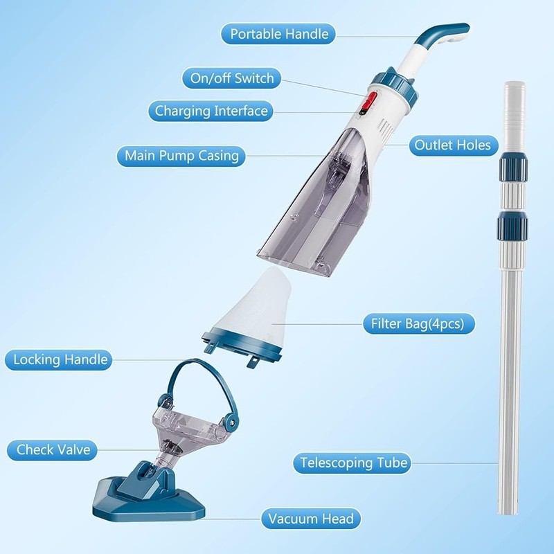 Cordless Pool Vacuum Cleaner Strong Suction 60min Runtime 7.3ft Pole Filter Bags