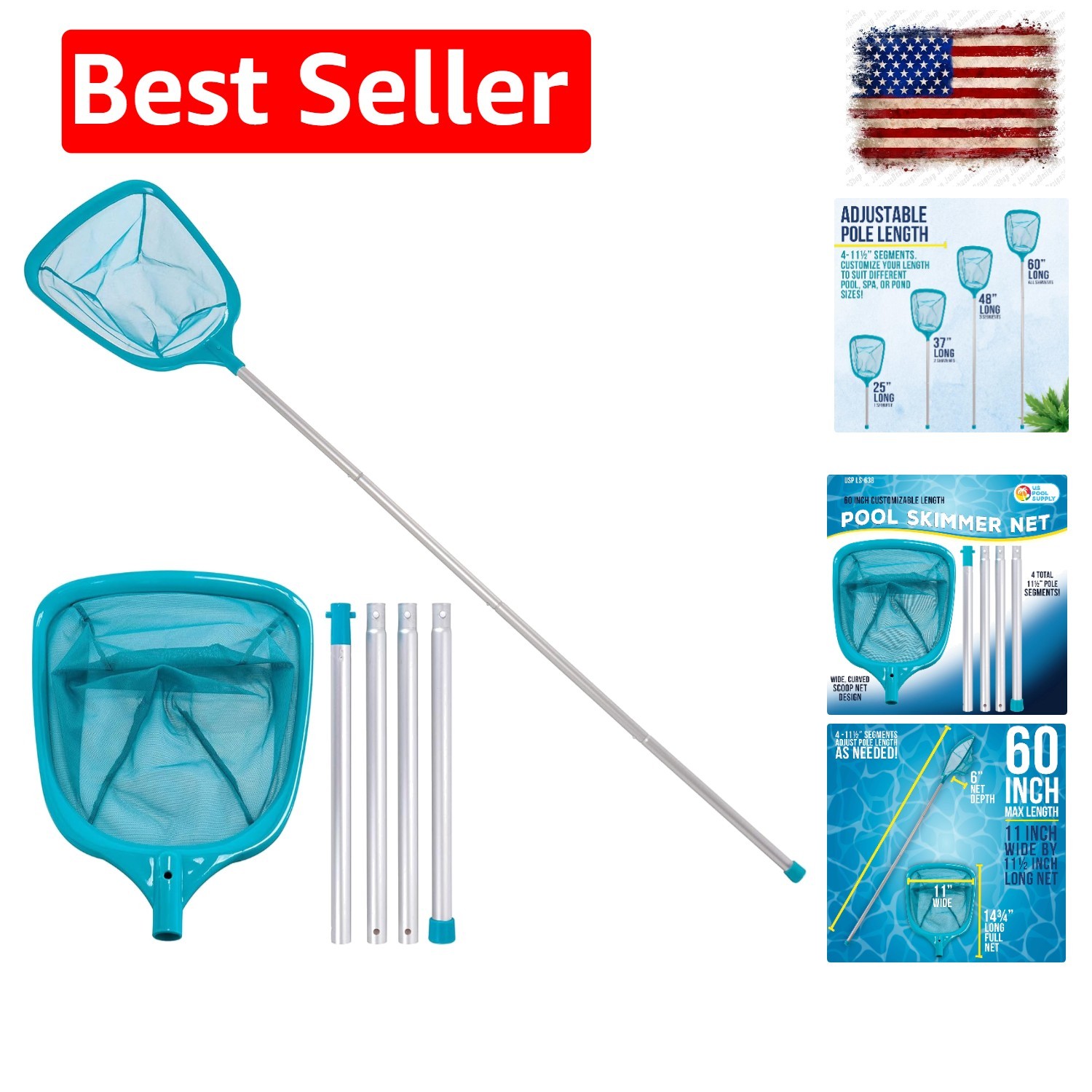 5&prime; Leaf Skimmer Net with Telescopic Aluminum Pole – Fast Pool Cleaning Solution
