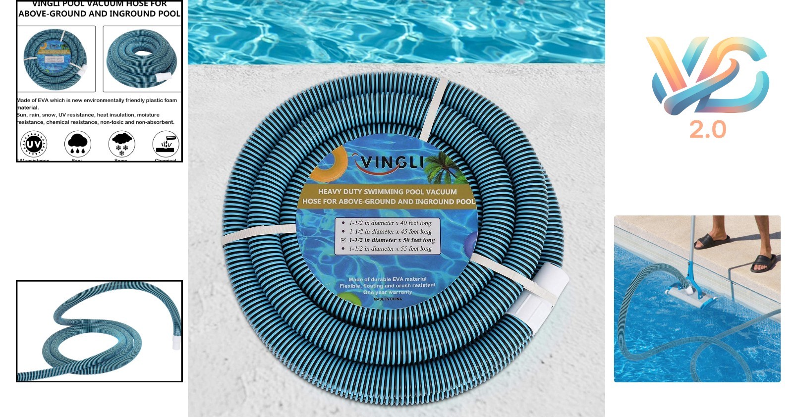 Blue 1-1/2-Inch x 50-Foot Pool Vacuum Hose Heavy Duty EVA