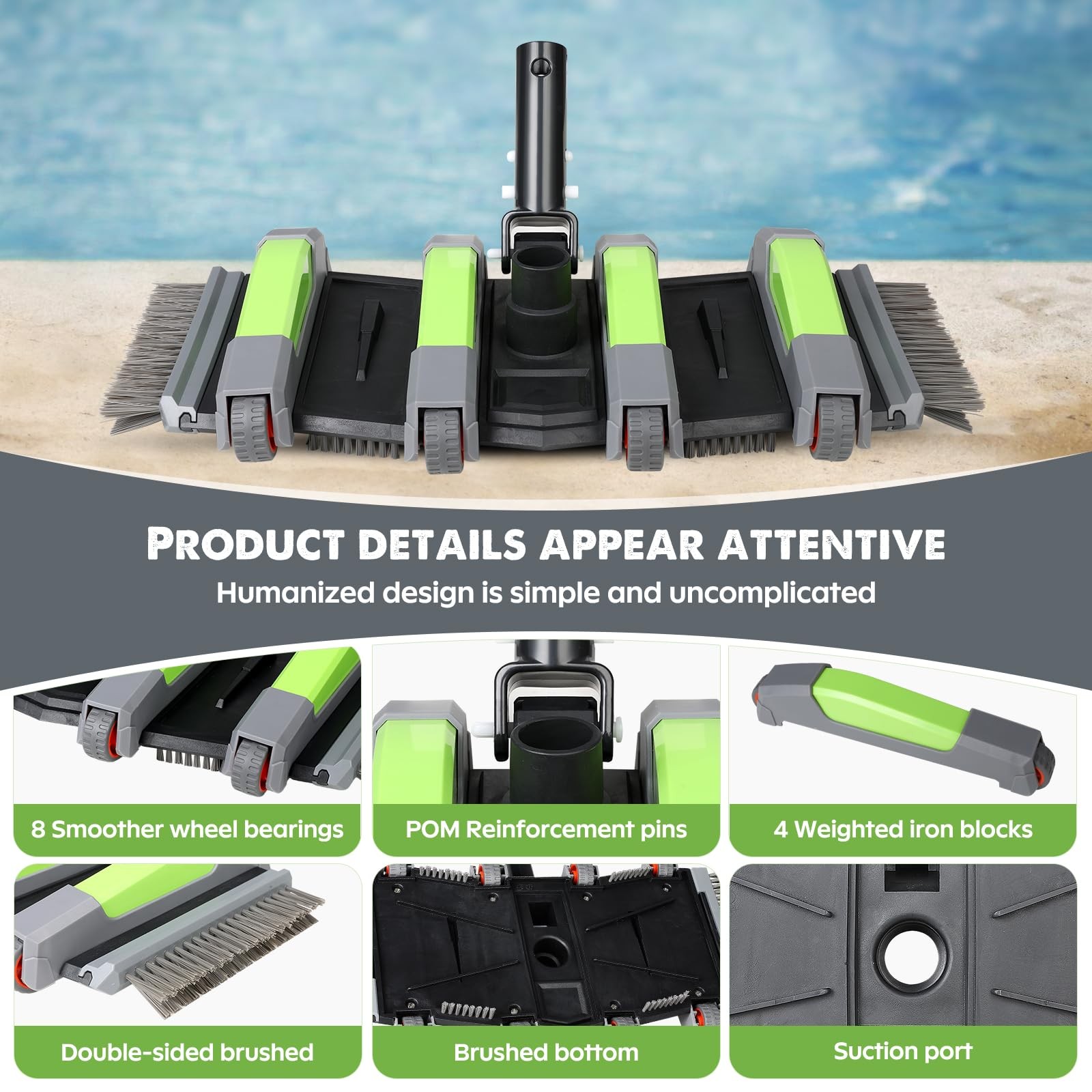 14&Prime; Heavy Duty Pool Vacuum Head with Wheels, Multi-Brush Manual Pool Vacuum, …