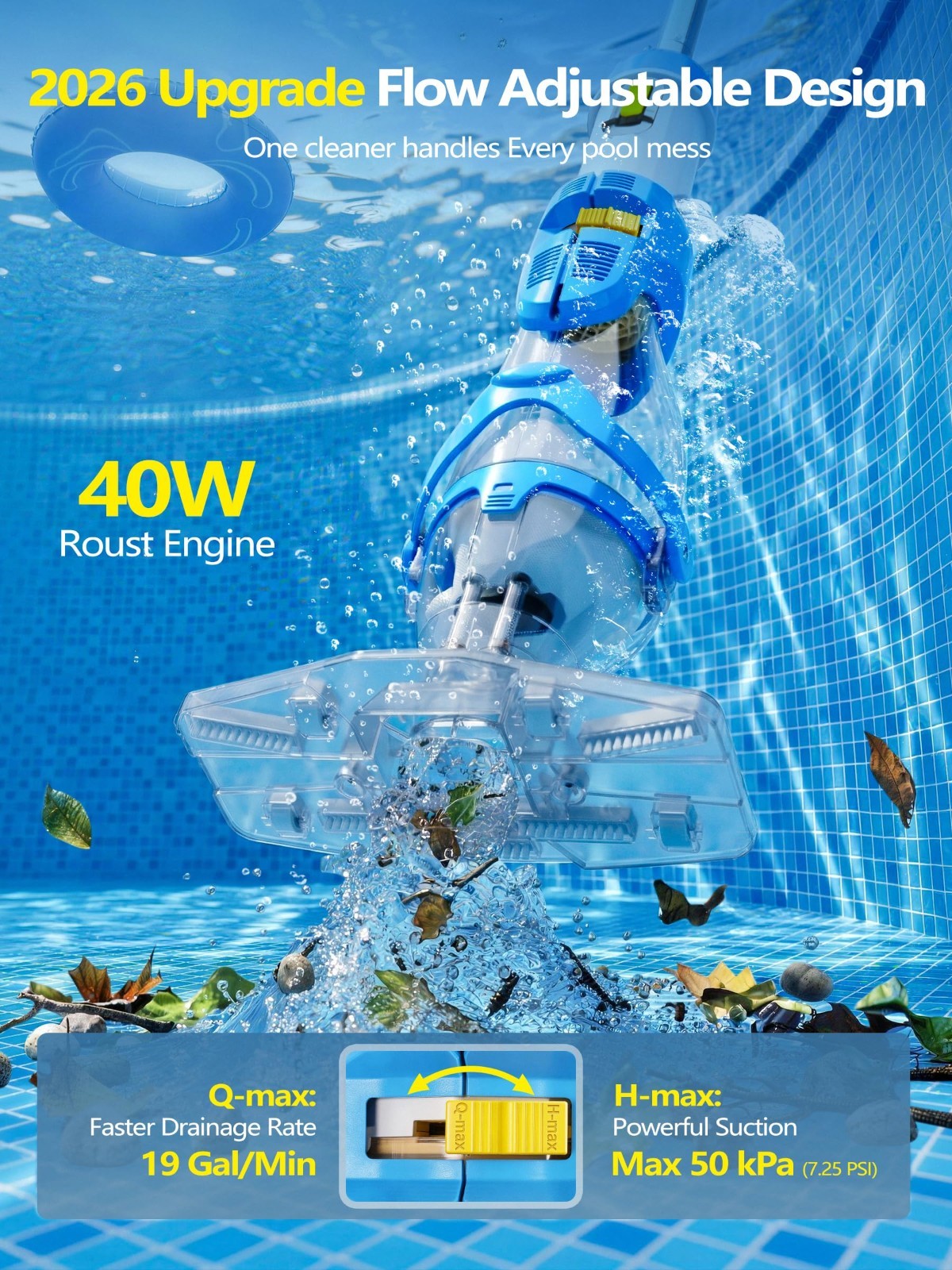 Cordless Pool Vacuum for Inground & Above Ground Pools, 19 GPM Suction, 70 Min R