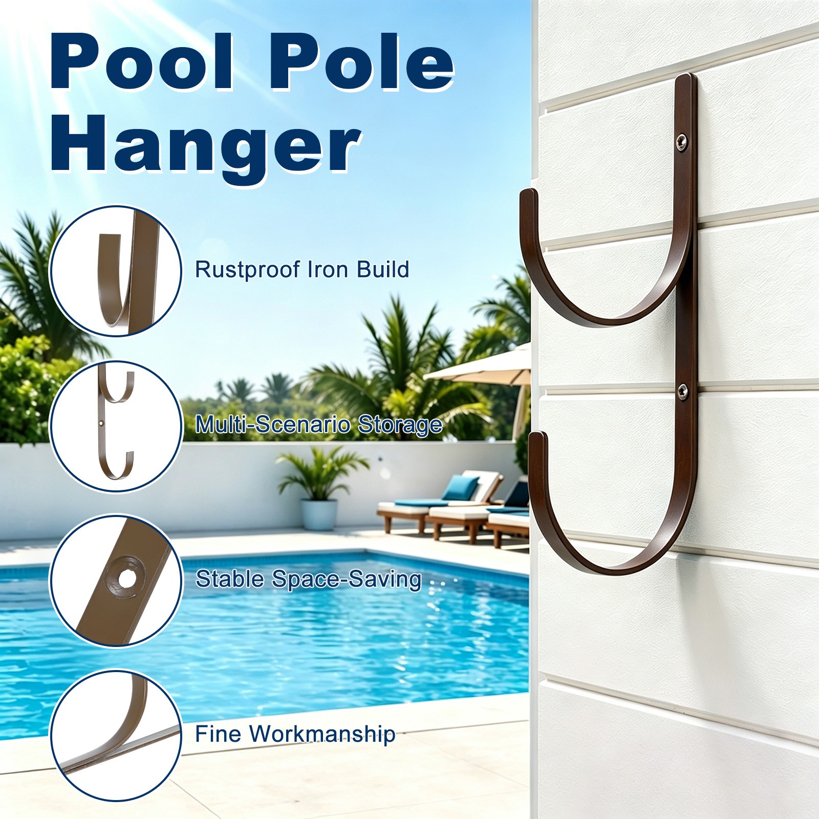 4-Pack Pool Pole Hanger, Iron Pool Hooks with Screws for Garden Tools [Brown]