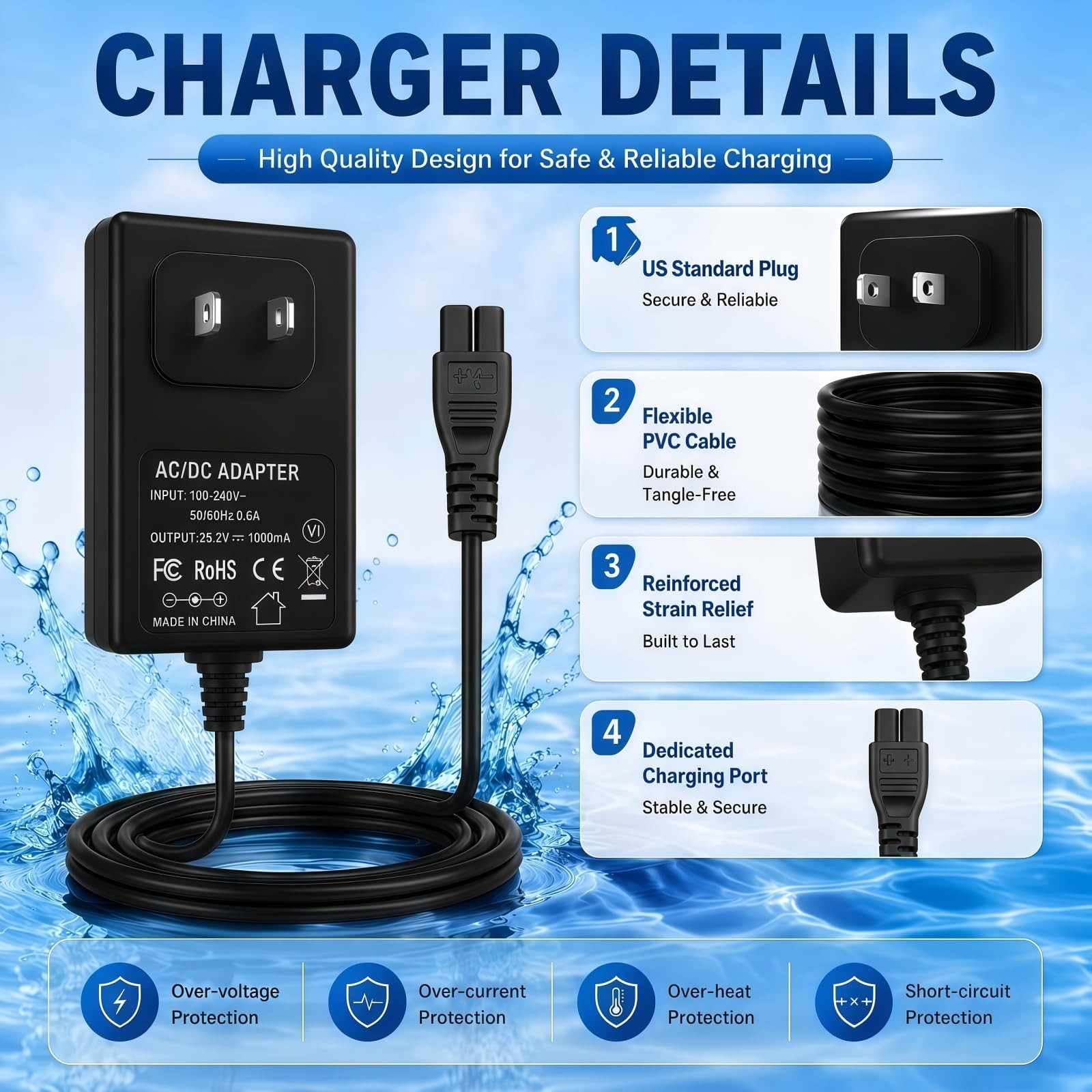 25.2V Fast Charger for WYBOT C1, C2, C2B, and OS7010C Robotic Pool vacuums; A…