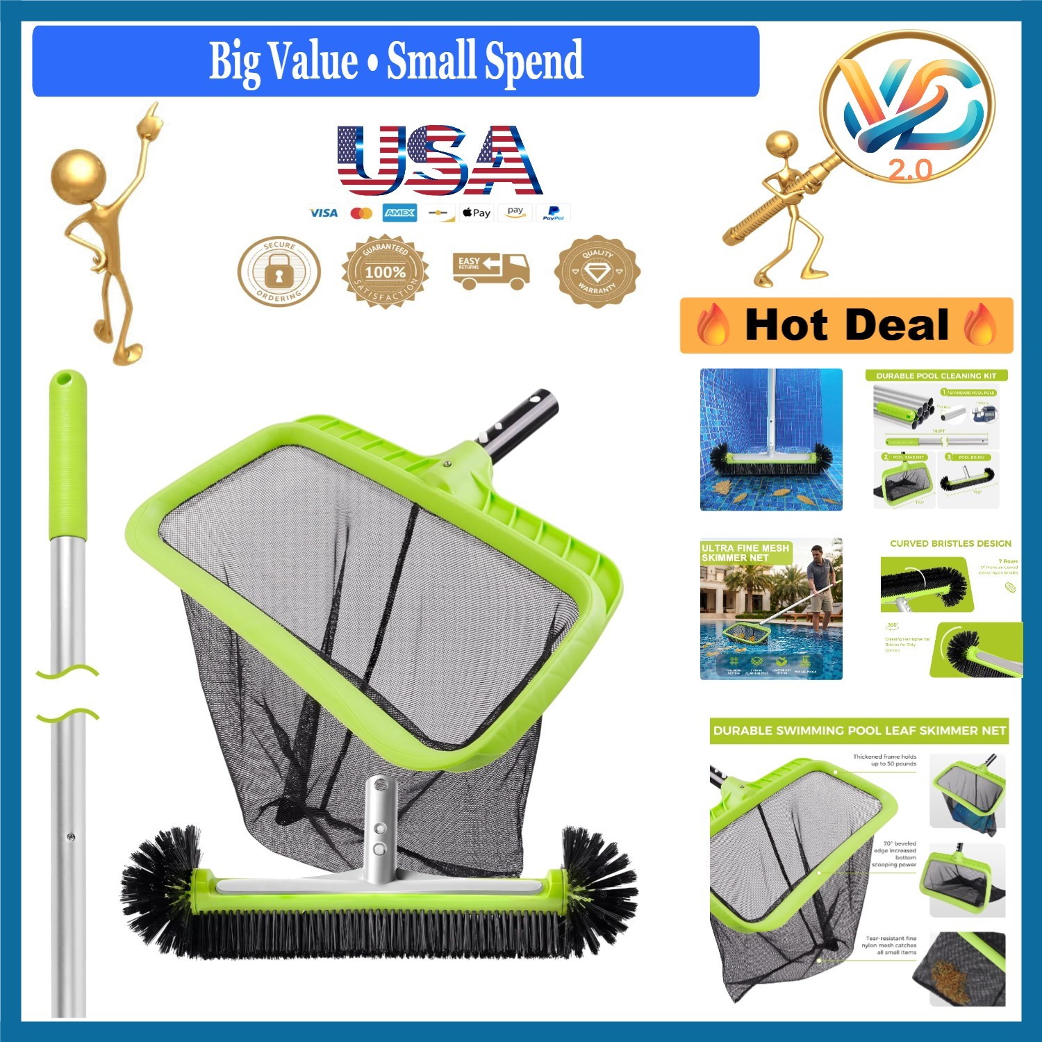 Deluxe Pool Cleaning Kit with 10.5Ft Aluminum Pole, Skimmer Net, Brush Head
