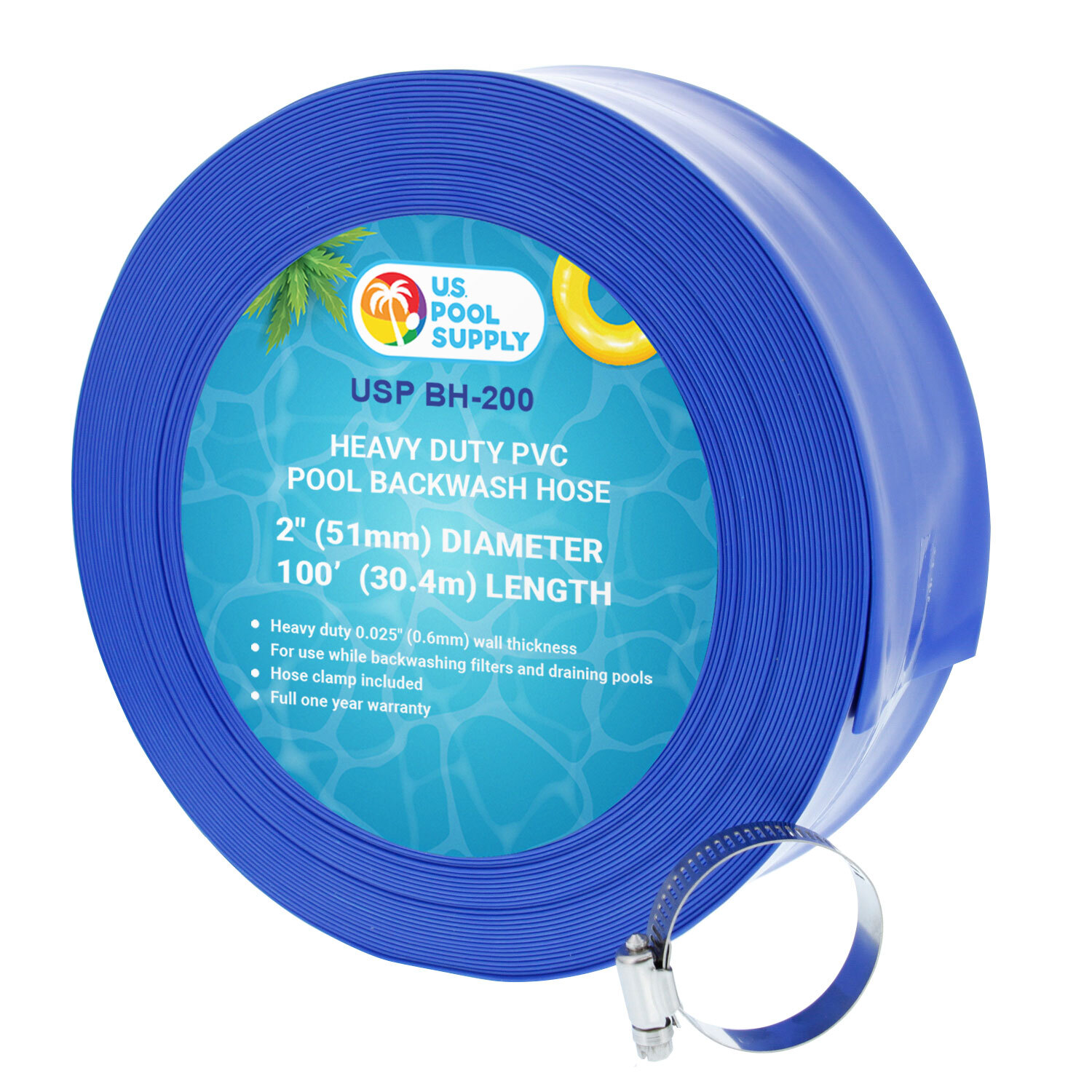 2&Prime; x 100&prime; Heavy Duty Blue Swimming Pool Backwash Hose with Clamp, Discharge