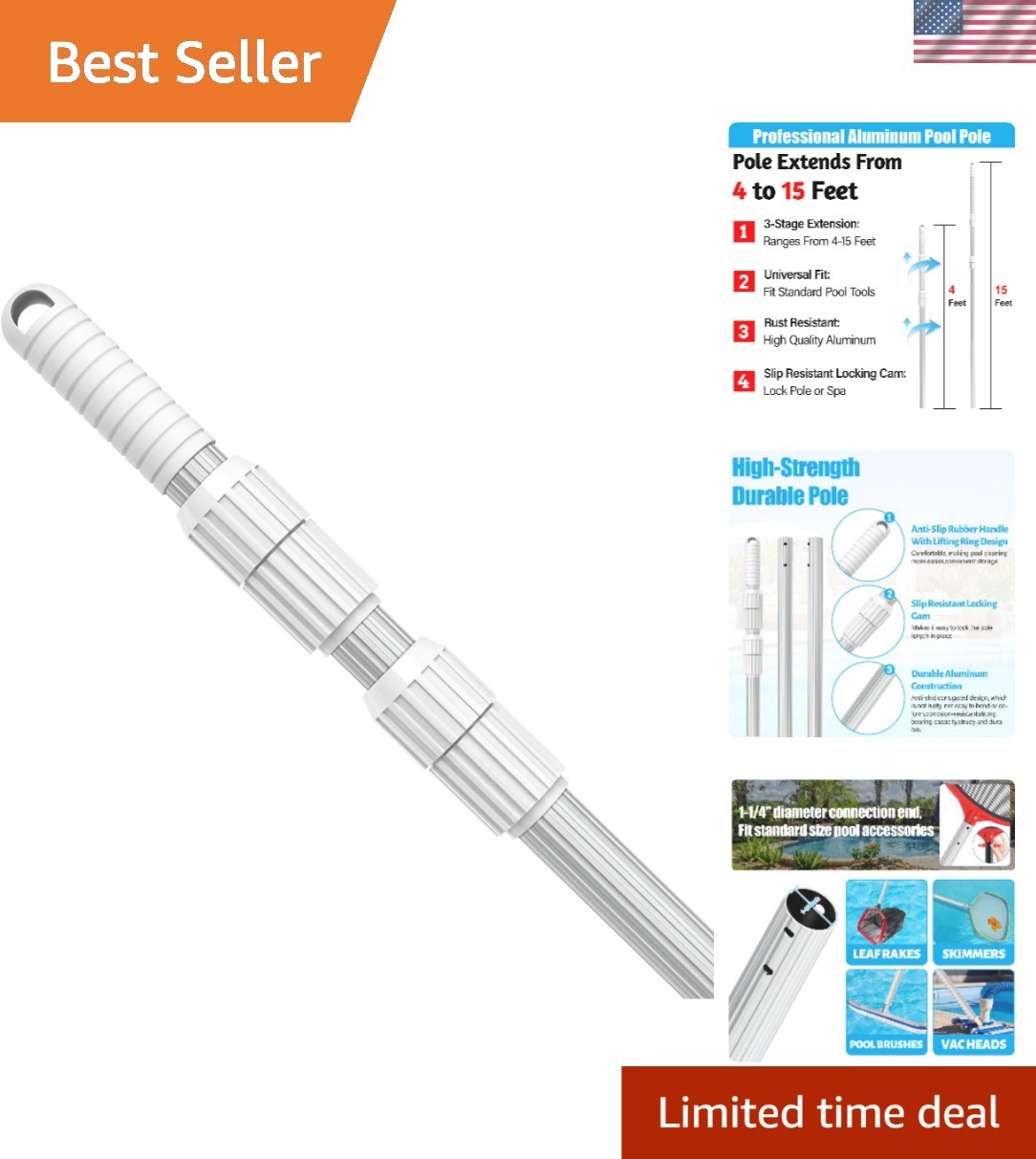 Professional 15FT Telescopic Aluminum Pool Pole – Heavy Duty Cleaning Solution