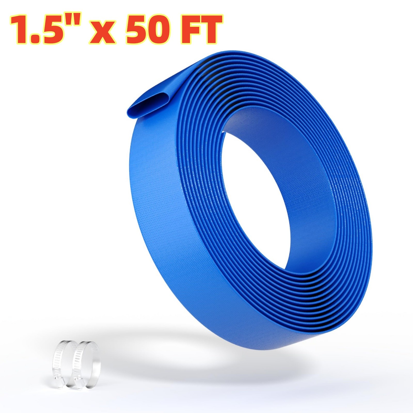 Discharge Hose Lay Flat Hose 1.5 Inch x 50 FT PVC Backwash Drain Hose w/ Clamp