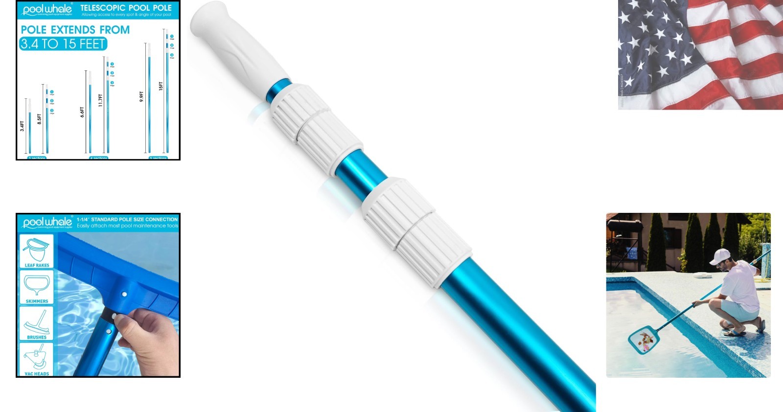 15 Foot Telescopic Swimming Pool Pole, Adjustable 3 Piece Extendable Pool Cle…