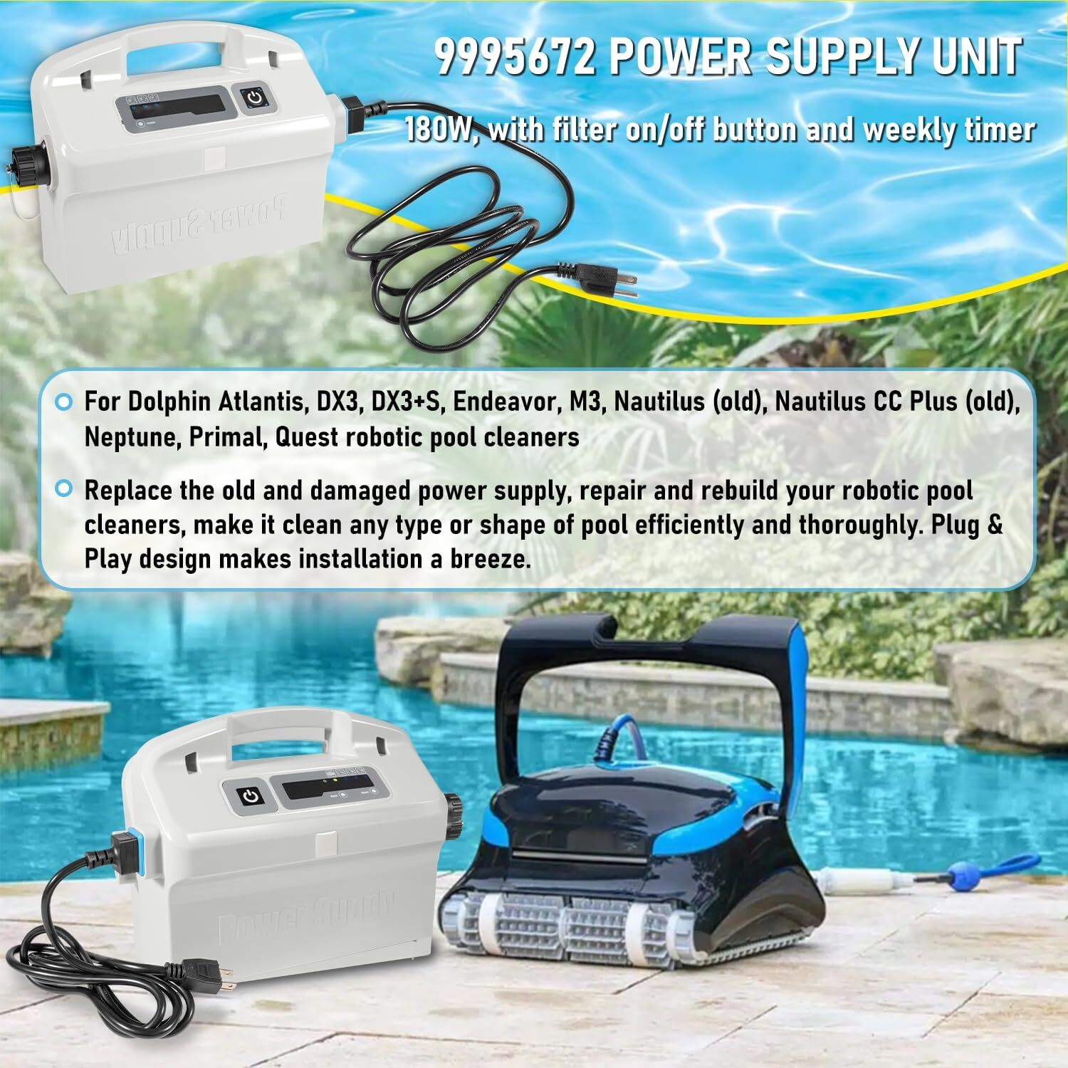 9995672 Assy Power Supply with 58984402L Cord Parts For Dolphin Pool Cleaner