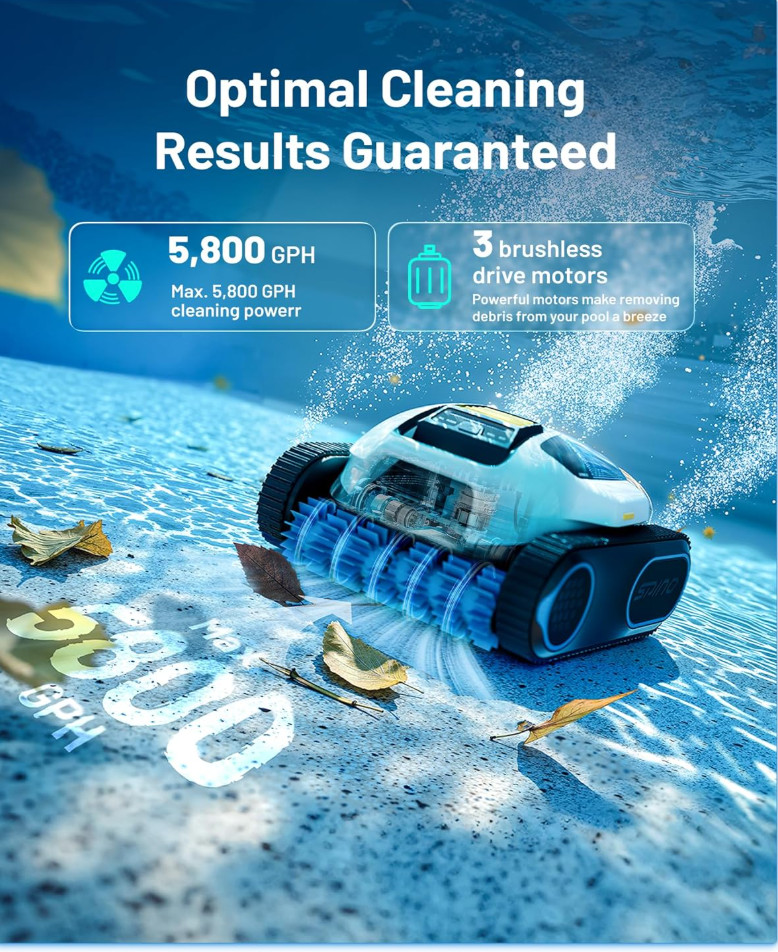 Spino E1 Cordless Robotic Pool Cleaner Wall & Waterline 1600 Sq Ft 210min App