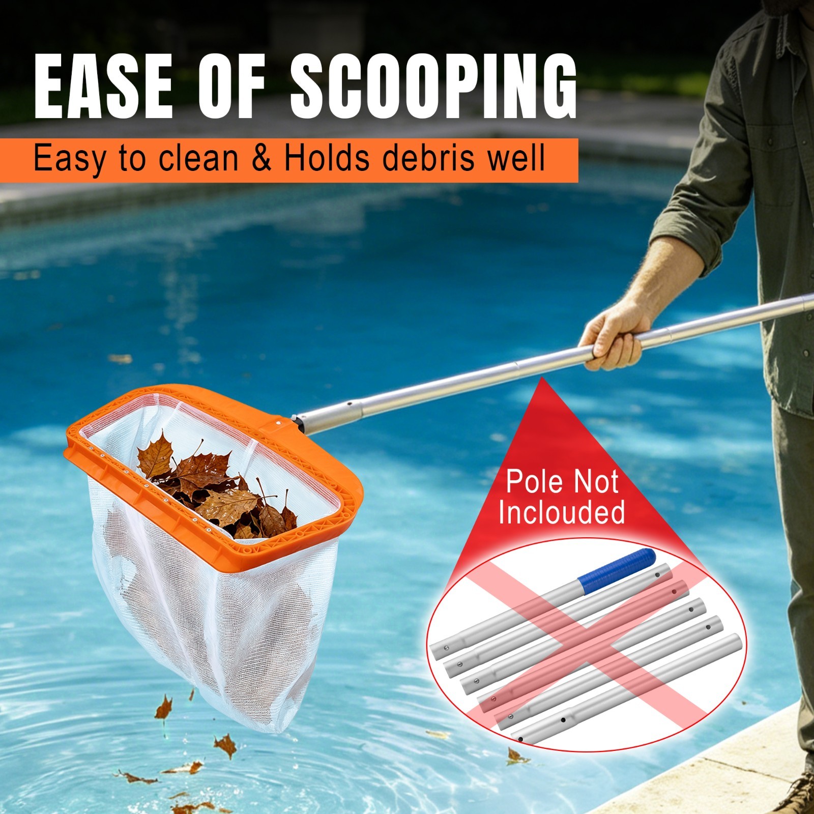 Pool Skimmer Net, Heavy Duty Swimming Pool Leaf Rake Plastic Frame w/ Nylon Mesh