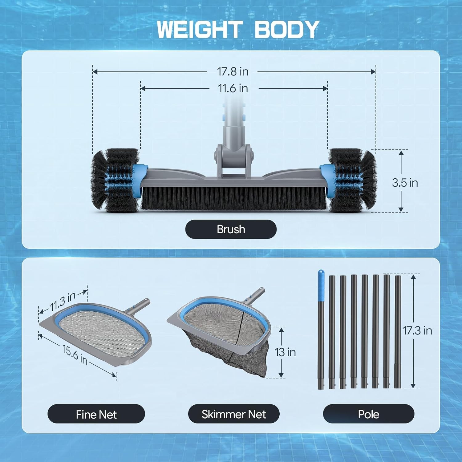 UIRWAY 4-in-1 Pool Cleaning Kit – Brush, Skimmer, Net, Pole