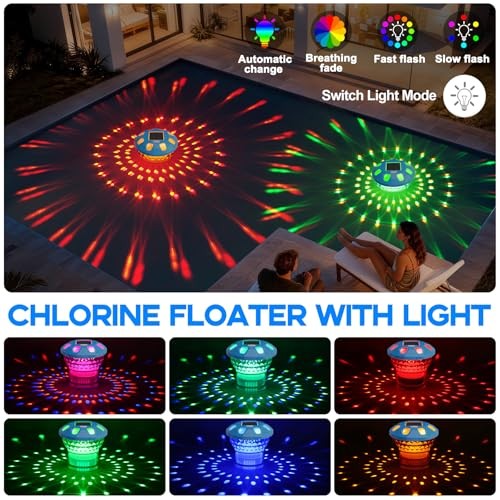 Pool Chlorine Floater, Solar Chlorine Floater with Colorful Lights, Light Blue