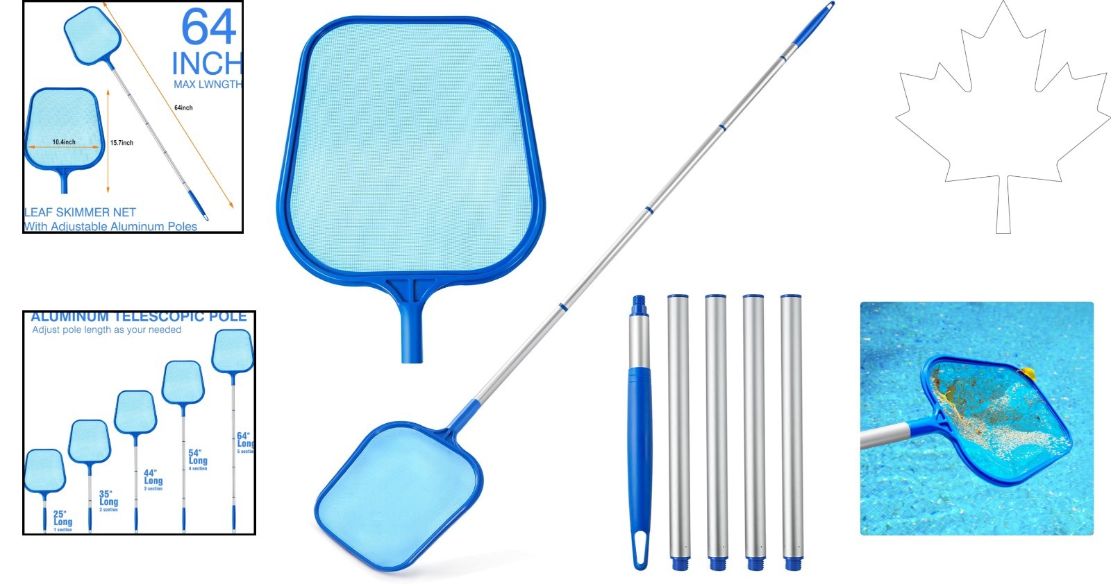 Elegant 5-Section Pool Skimmer with Ultra-Fine Mesh & Adjustable 64-Inch Pole