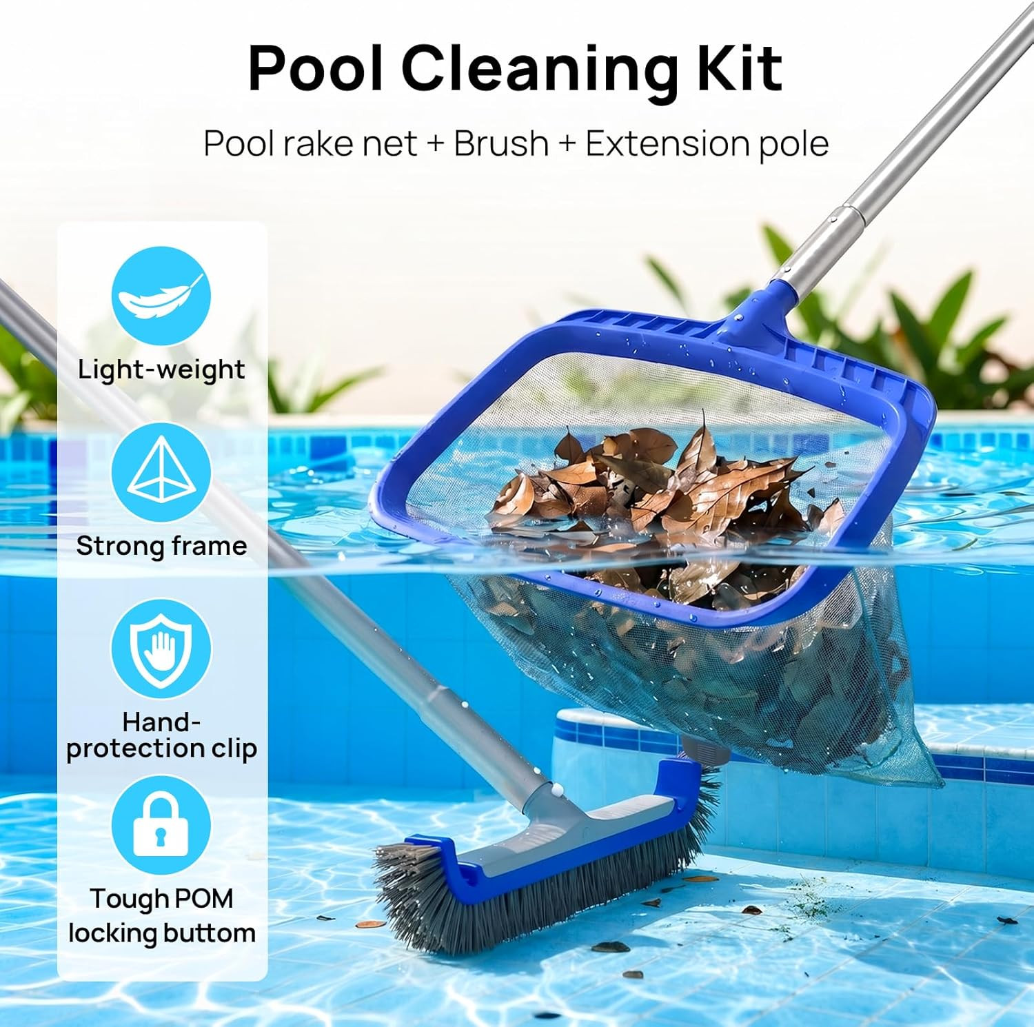 Consciot 3-In-1 Pool Cleaning Kit Includes Leaf Rake Net, Wall Brush & Pole | Da