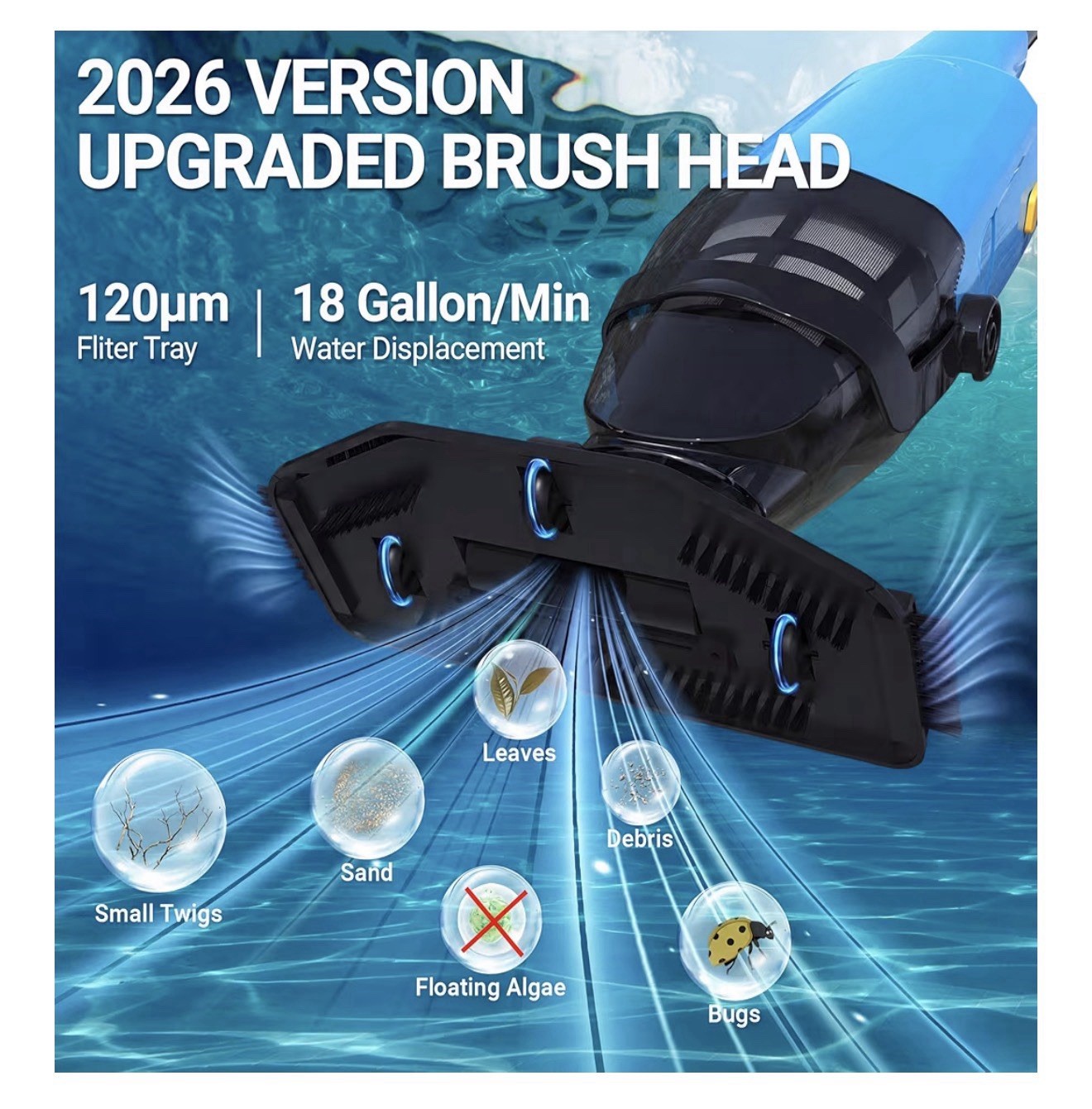 Rechargeable Pool Vacuum w/ Replaceable Brush Head, Pole & Charger Blue/Black