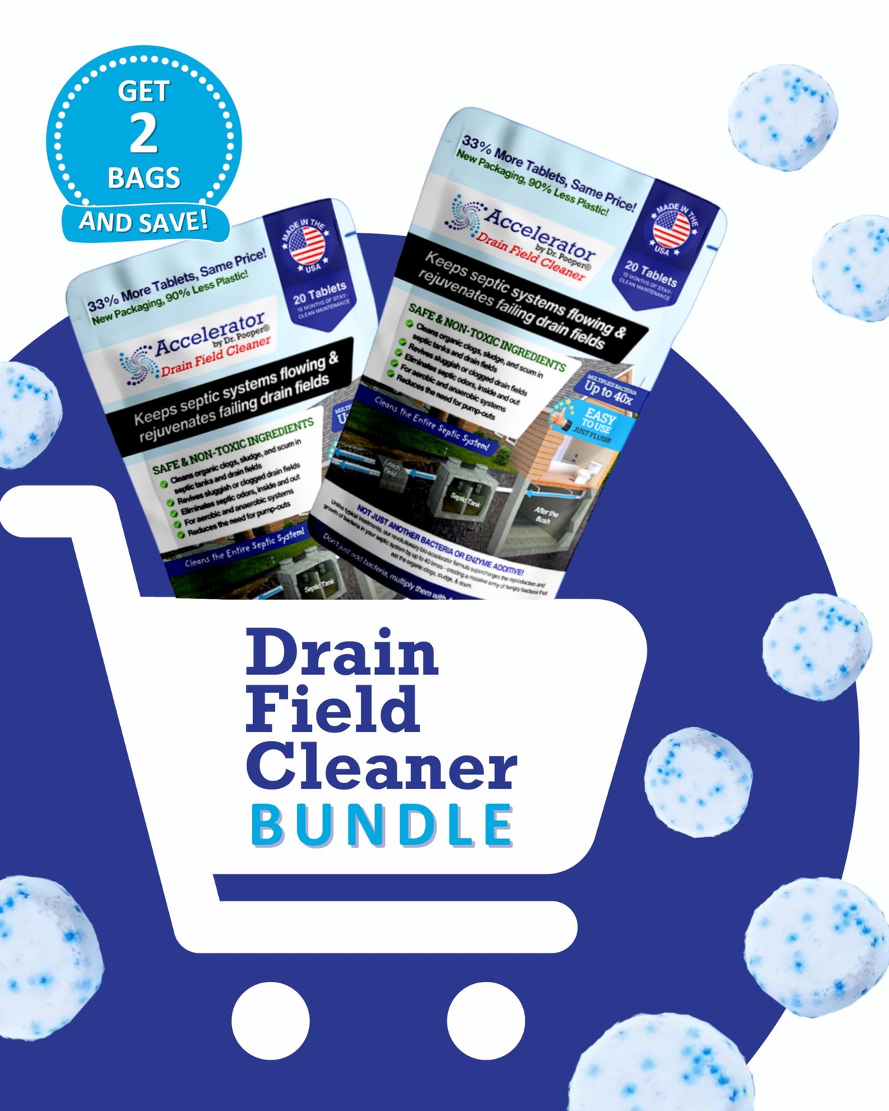 2-Pack Dr Pooper septic tablets clear tough clogs, sludge, odors fast. Just flus
