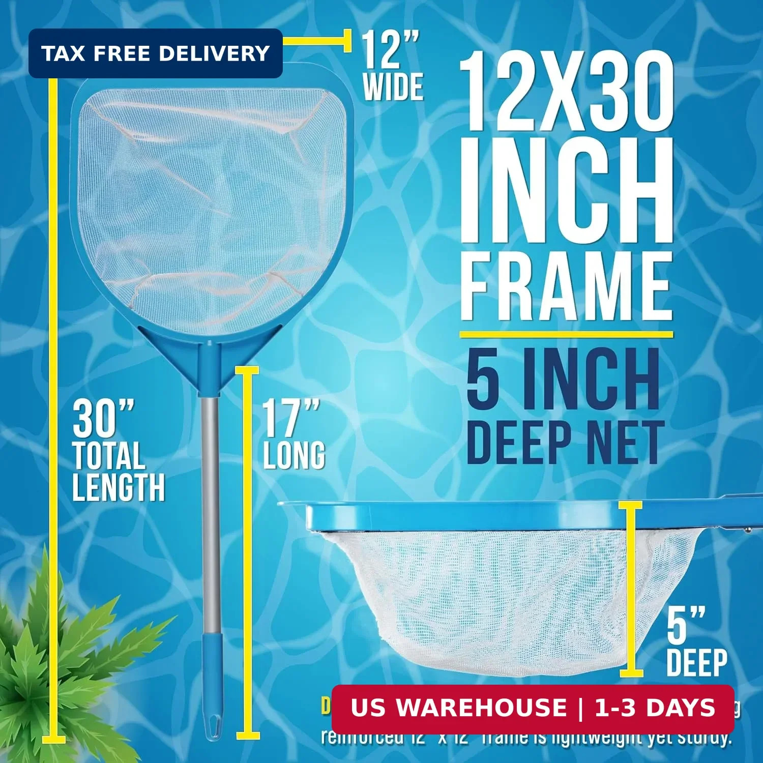 U.S. Pool Supply Pool and Spa Skimmer Net with Pole, 30&Prime; Long Handheld Fine Mesh