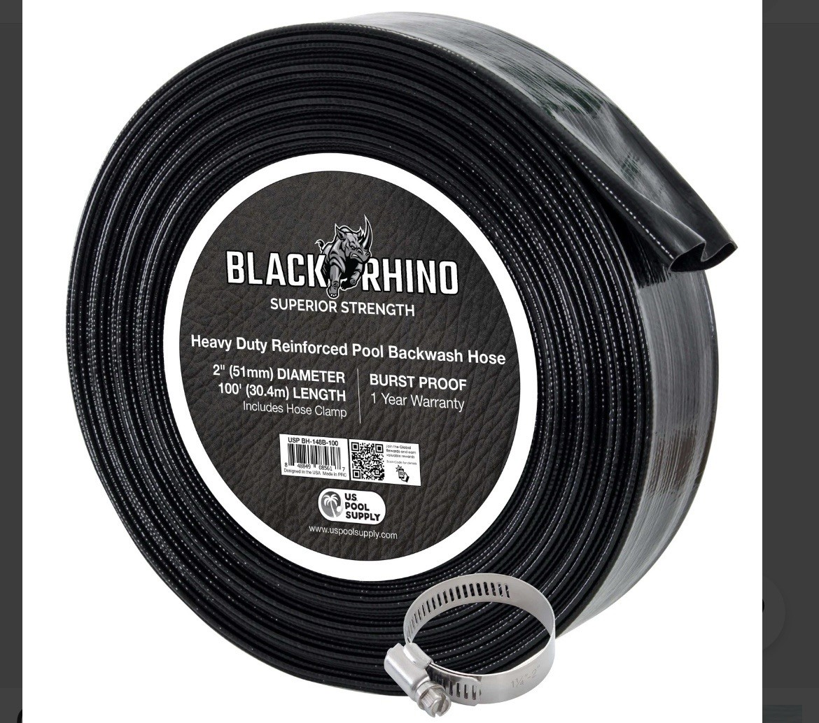U.S. Pool Supply Black Rhino 2&Prime; x 100&prime; Pool Backwash Hose with Hose Clamp