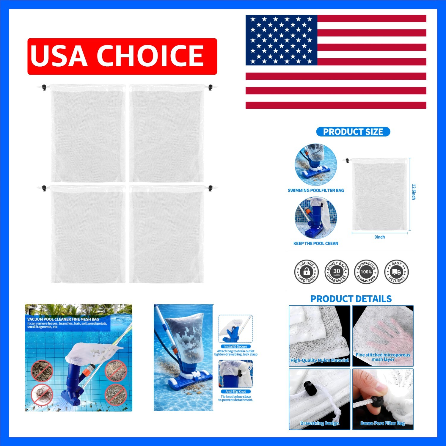4 PCS Pool Vacuum Replacement, Pool Leaf Vacuum Net Bag, Mesh Bag for Pool Va…