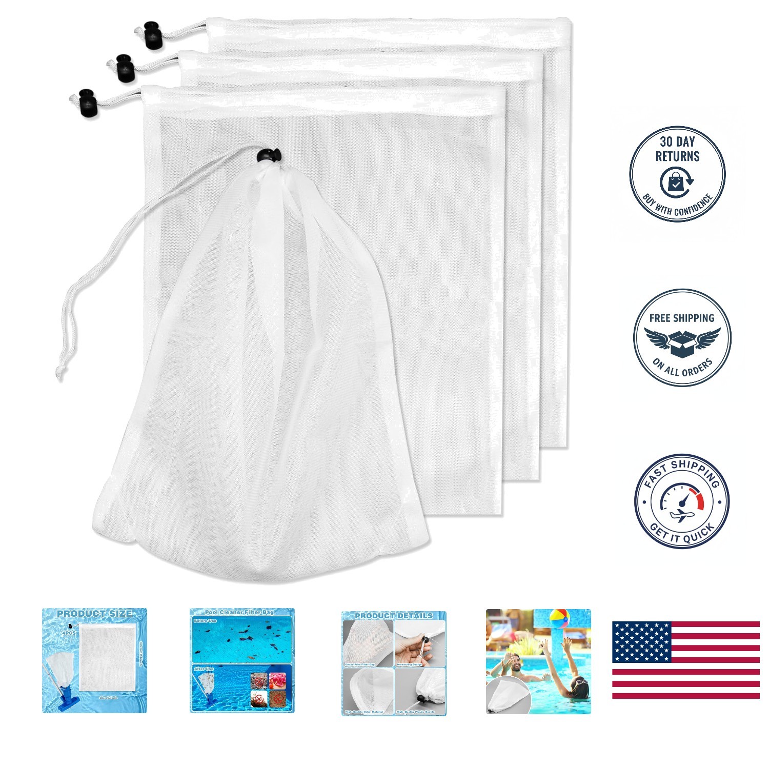 4 Pack Fine Mesh Pool Leaf Vacuum Bags with Locking Cord – Durable & Reliable