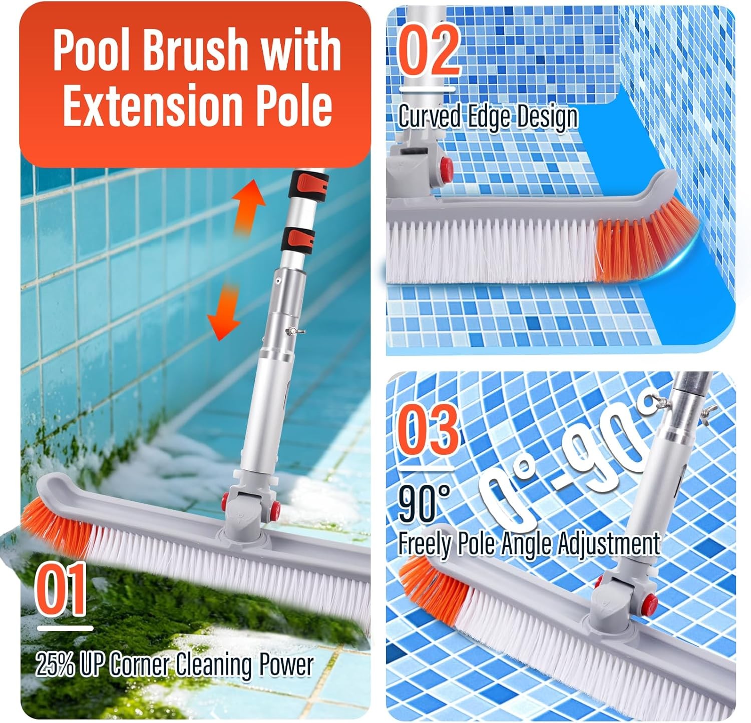 Pool Brush with 16Ft Telescopic Pole Aluminum Adjustable Cleaning Pole Head