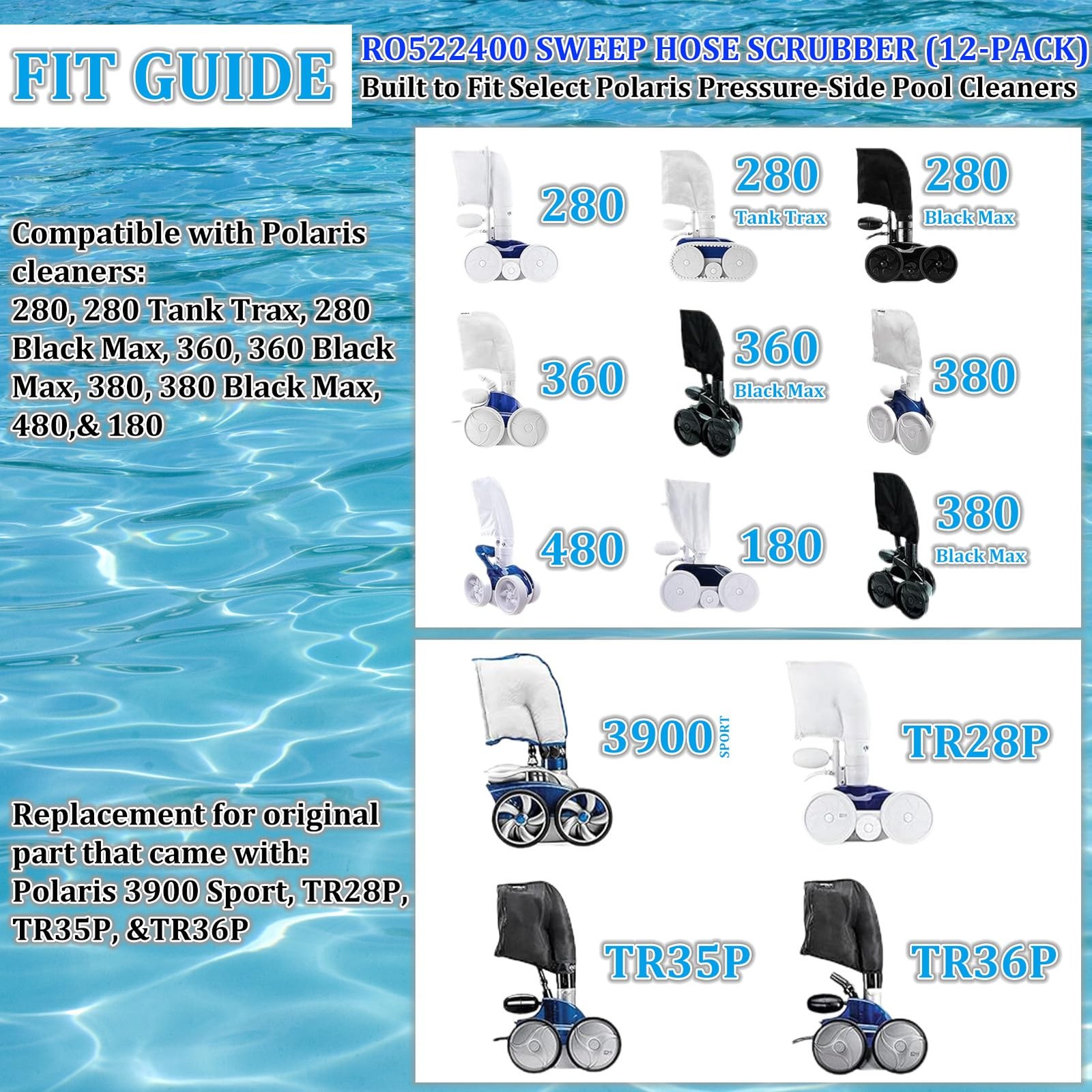 for Polaris Tail Scrubber, 12 Pack Pool Hose scrubbers Sweep Black