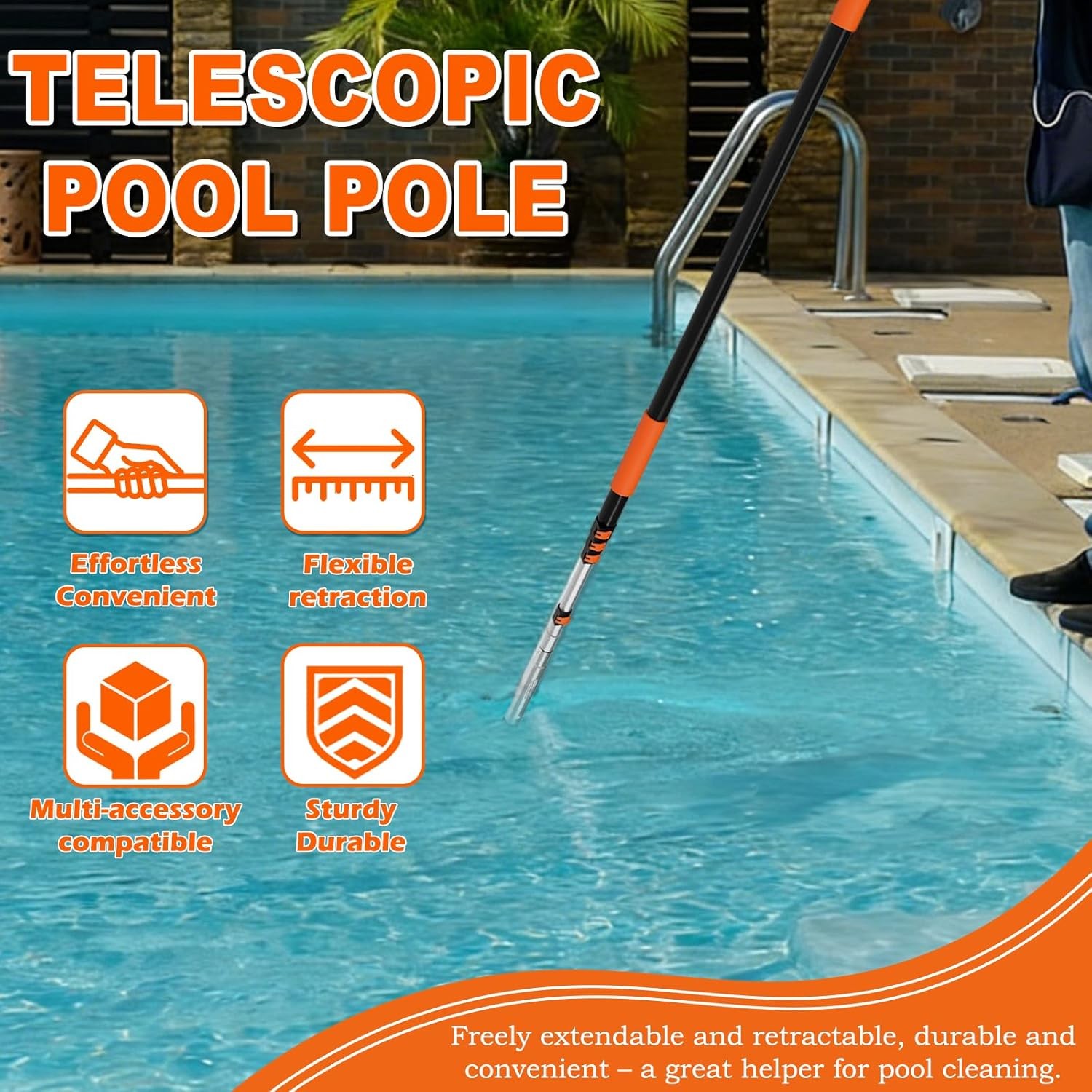 20FT Telescopic Pool Pole, Heavy Duty Swimming Pool Pole Adjustable Length, Alum