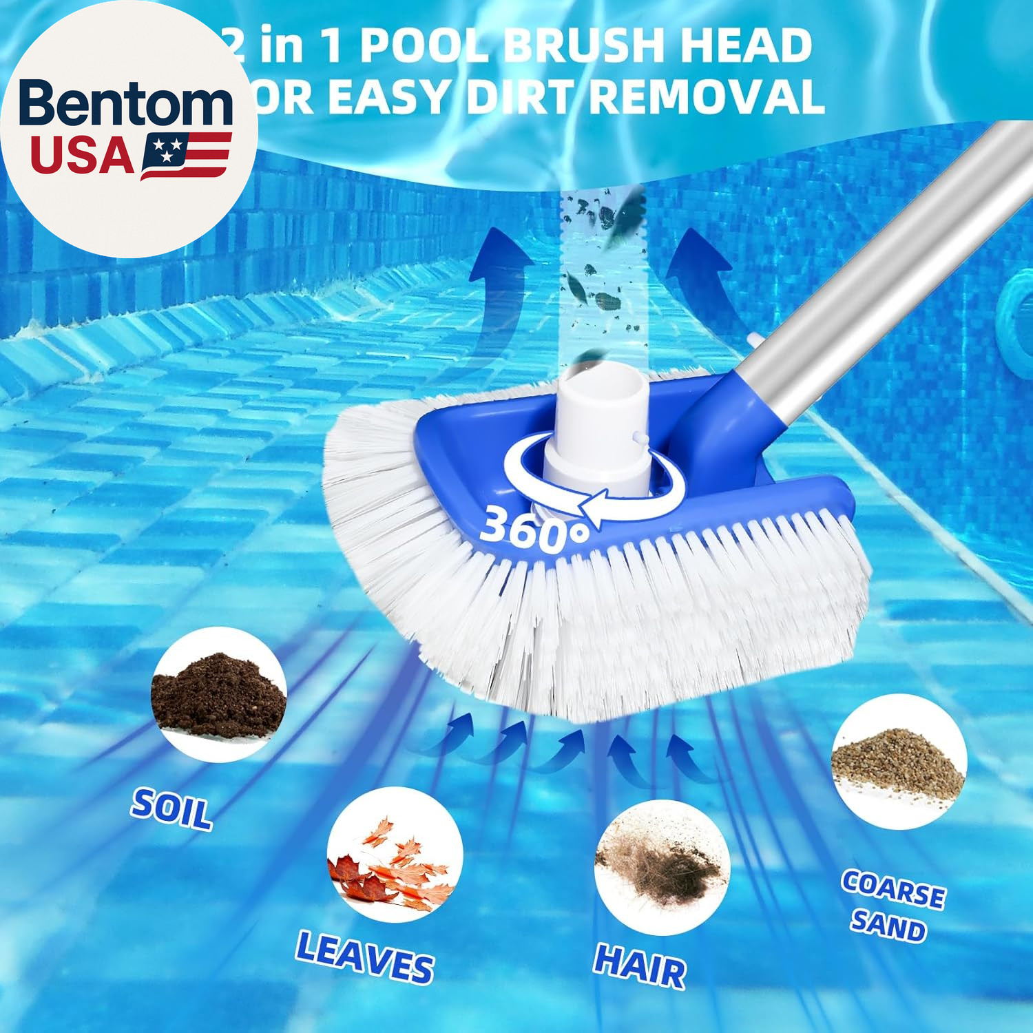 Pool Brush Head with Pool Vacuum Head for Inground & above Ground Pools, round H