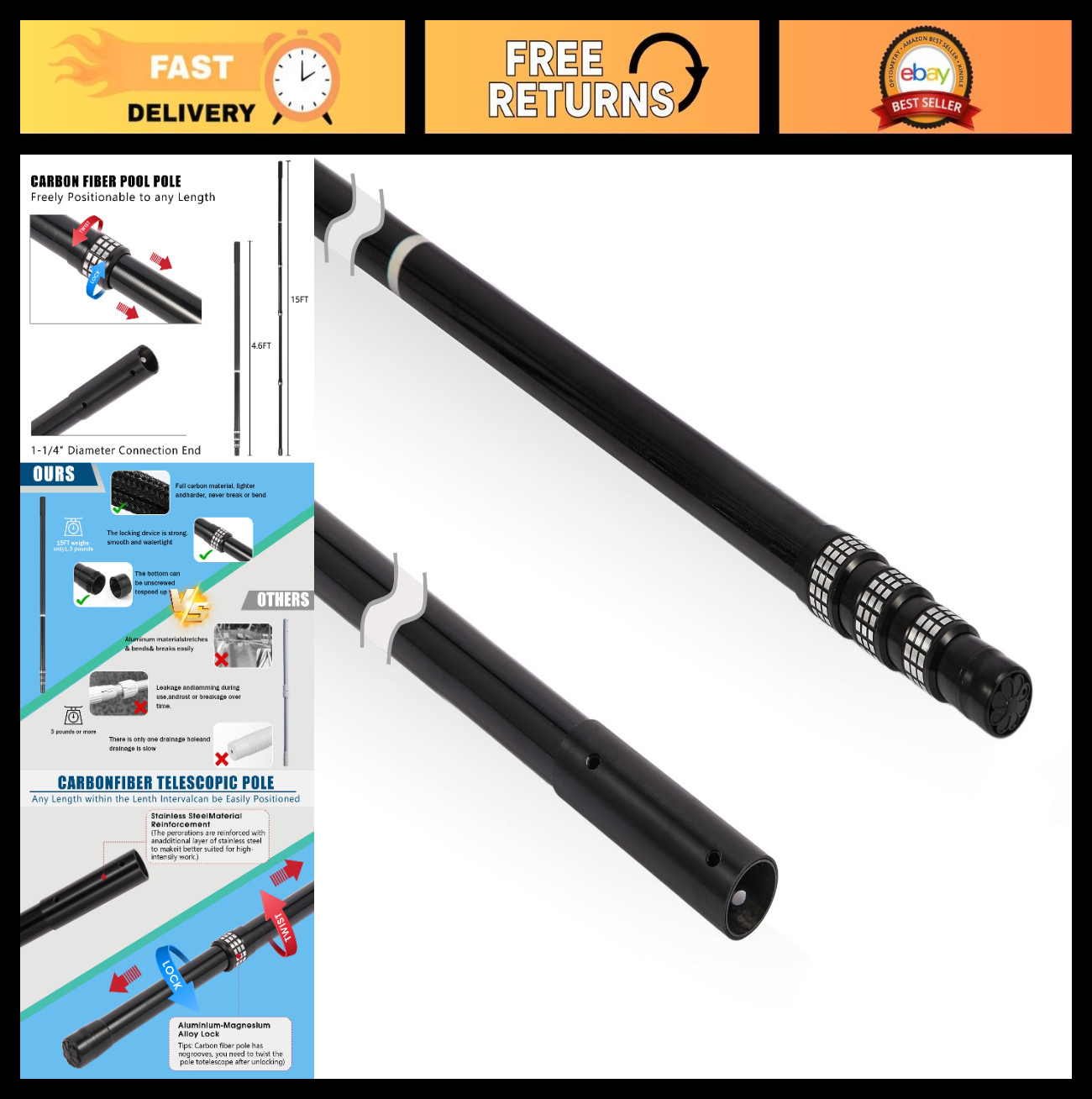 Lightweight 15FT Carbon Fiber Telescopic Pool Cleaning Pole – Adjustable 4-Secti