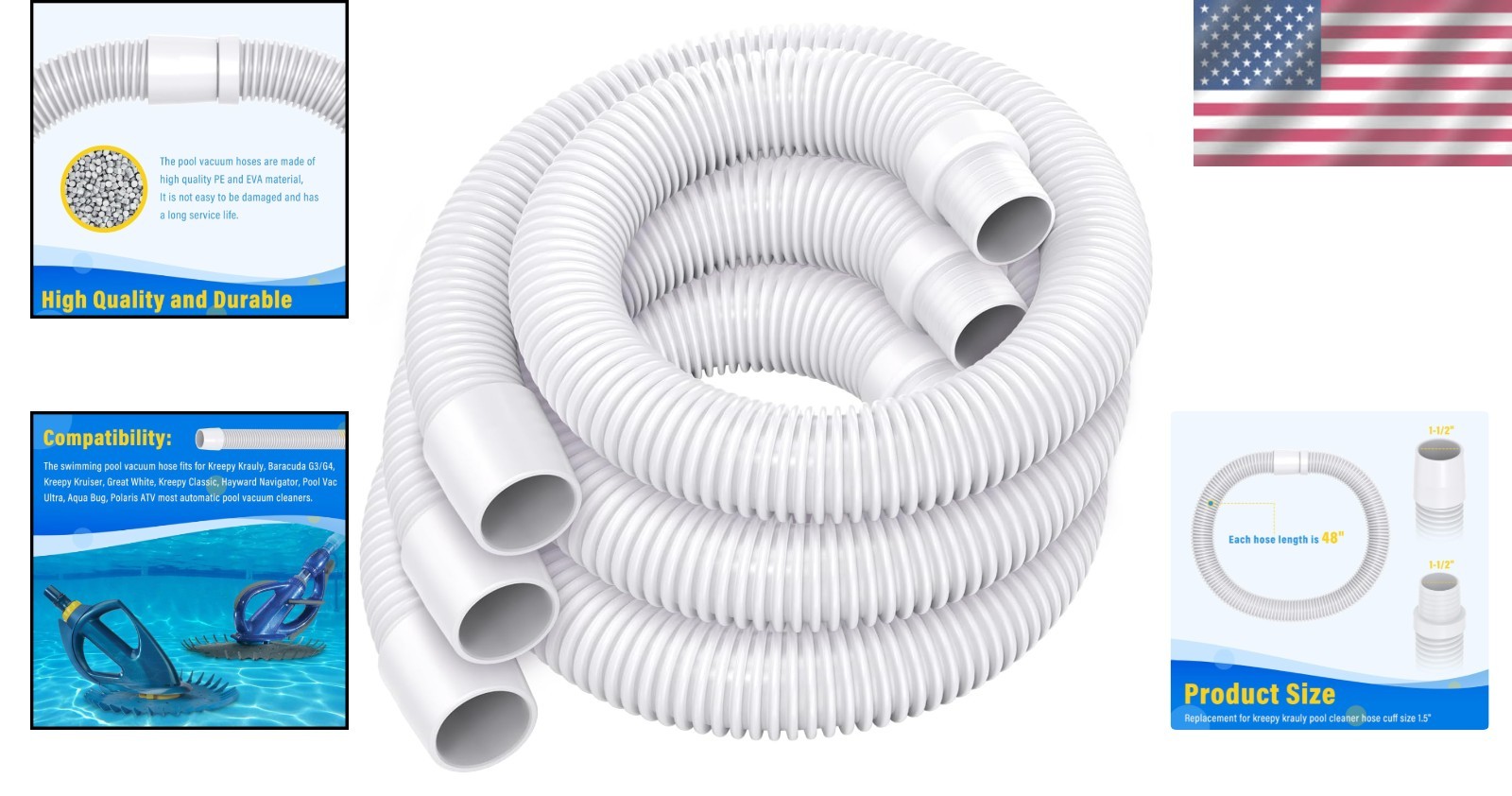 Durable 48&Prime; Pool Vacuum Hose Set – Perfect for Automatic Cleaners, 3 Count