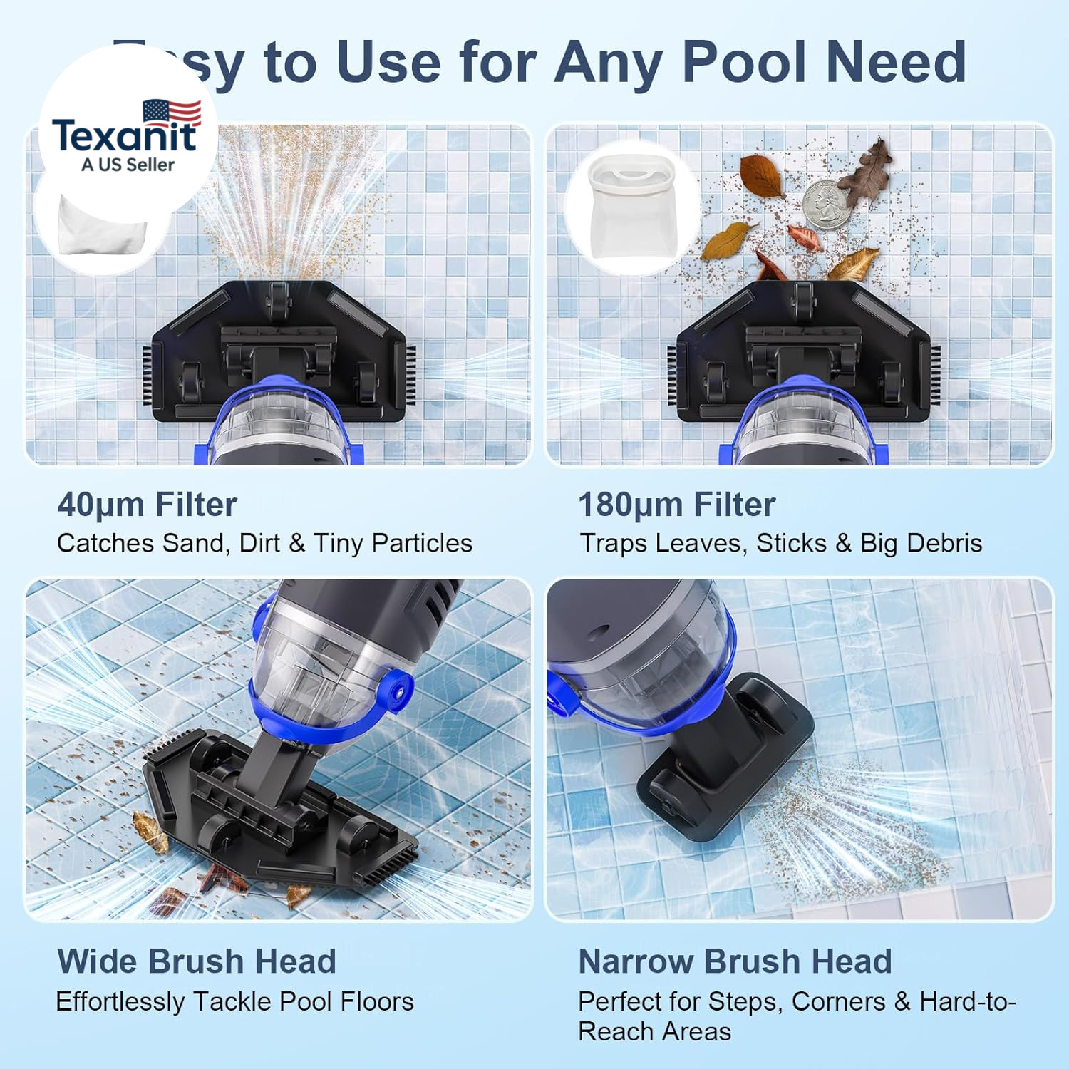 Upgraded Cordless Pool Vacuum with Telescopic Pole, 60 Min Powerful Suction & La