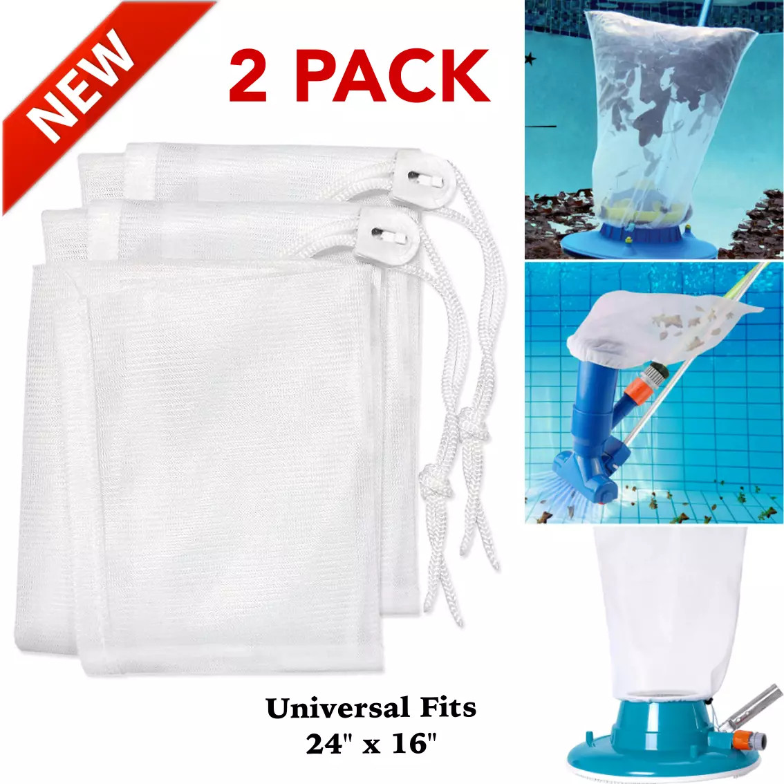 2 Pack Big Sucker Leaf Catcher Mesh Bag Swimming Pool Vacuum Sweeper Eater 24×16
