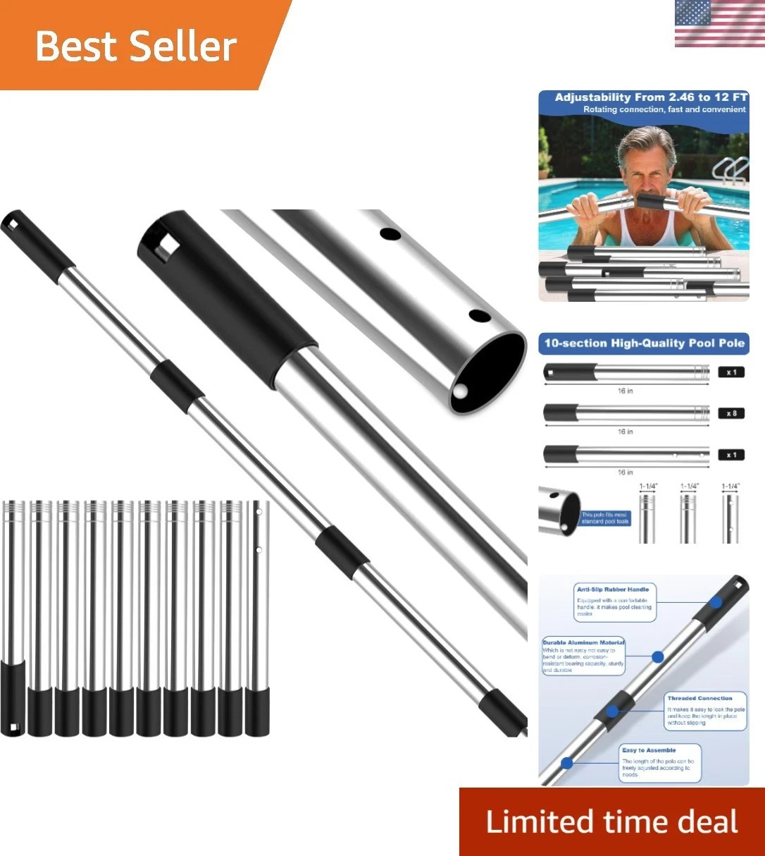 QNFANN Pool Pole Telescopic 12 Ft Heavy Duty, Professional Adjustable Stainle…