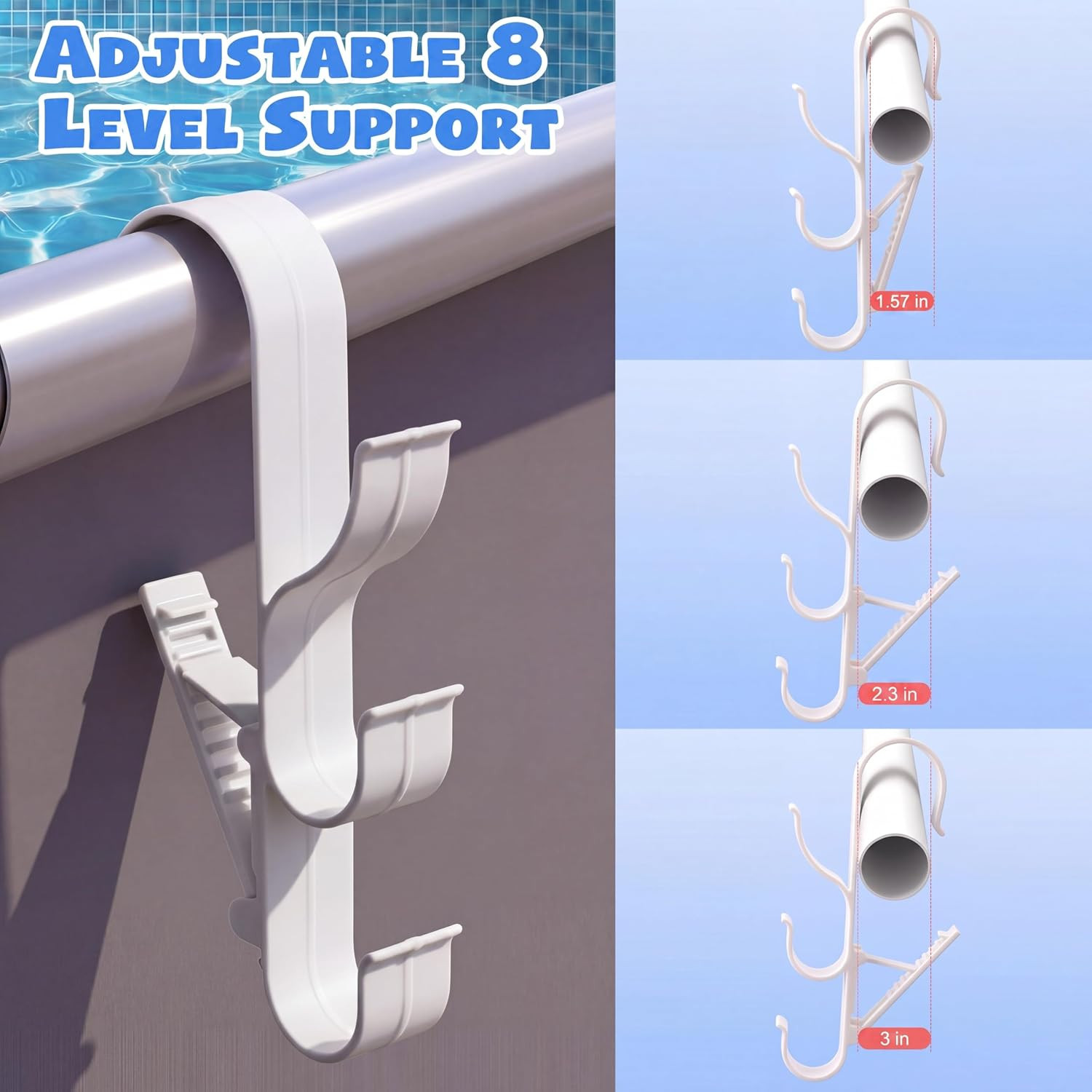 2 Pack Pool Pole Hanger with 3 Hooks, Adjustable Poolside Organizer for above Gr