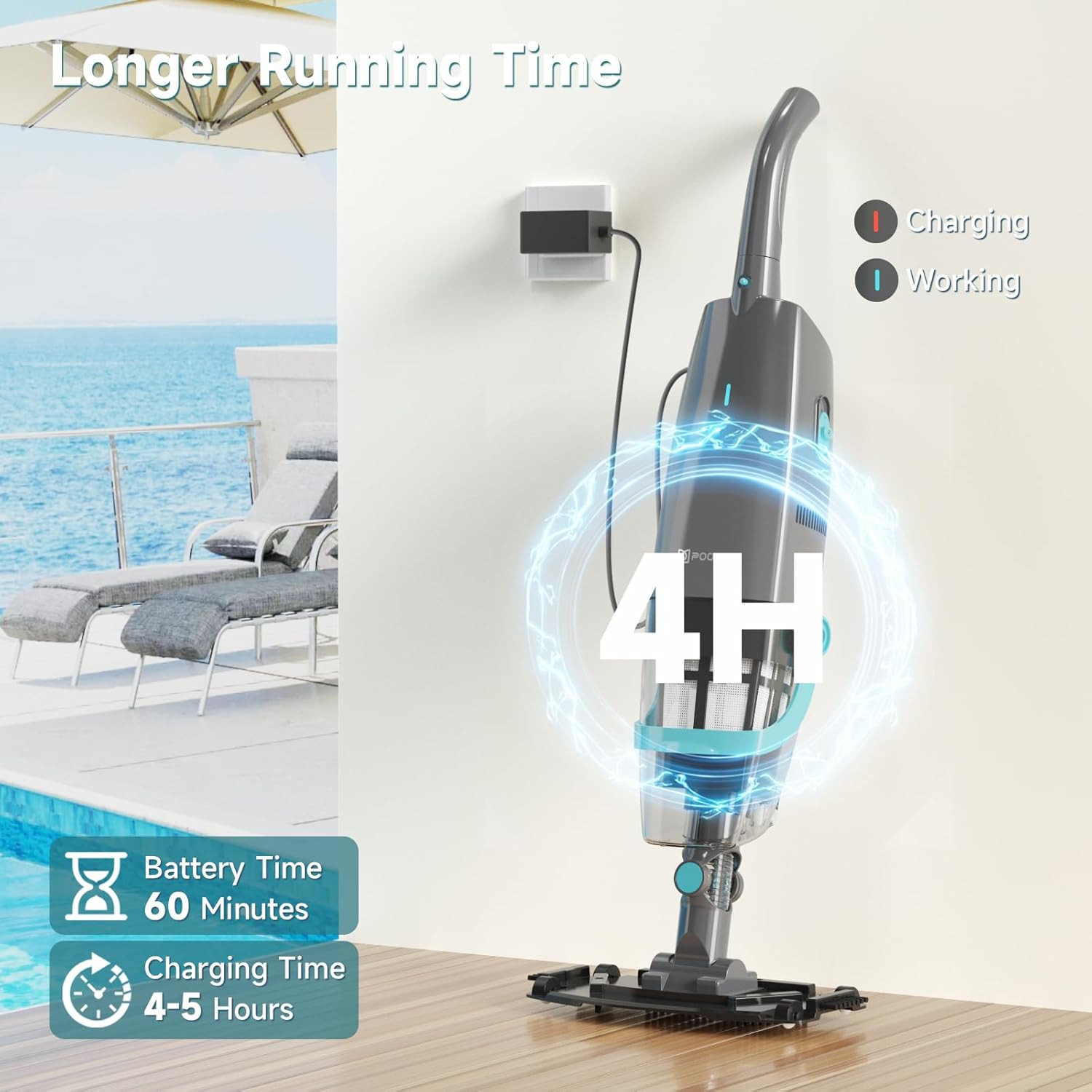Rechargeable Cordless Pool Vacuum – 60 Min Runtime, 16 Gal/Min Suction