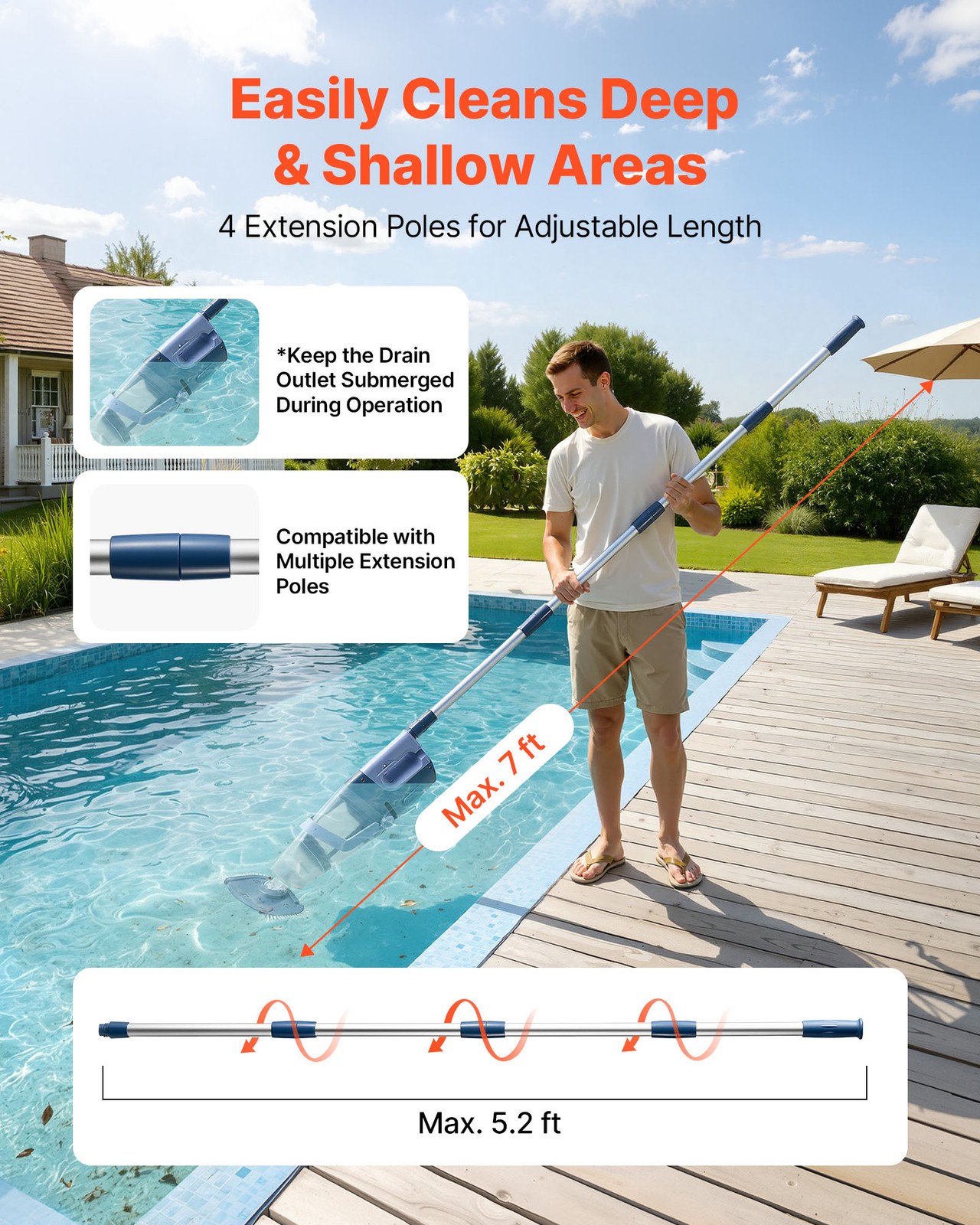 VEVOR Handheld Pool Vacuum Cordless Spa Hot Tub Vacuum 26 GPM Extension Pole
