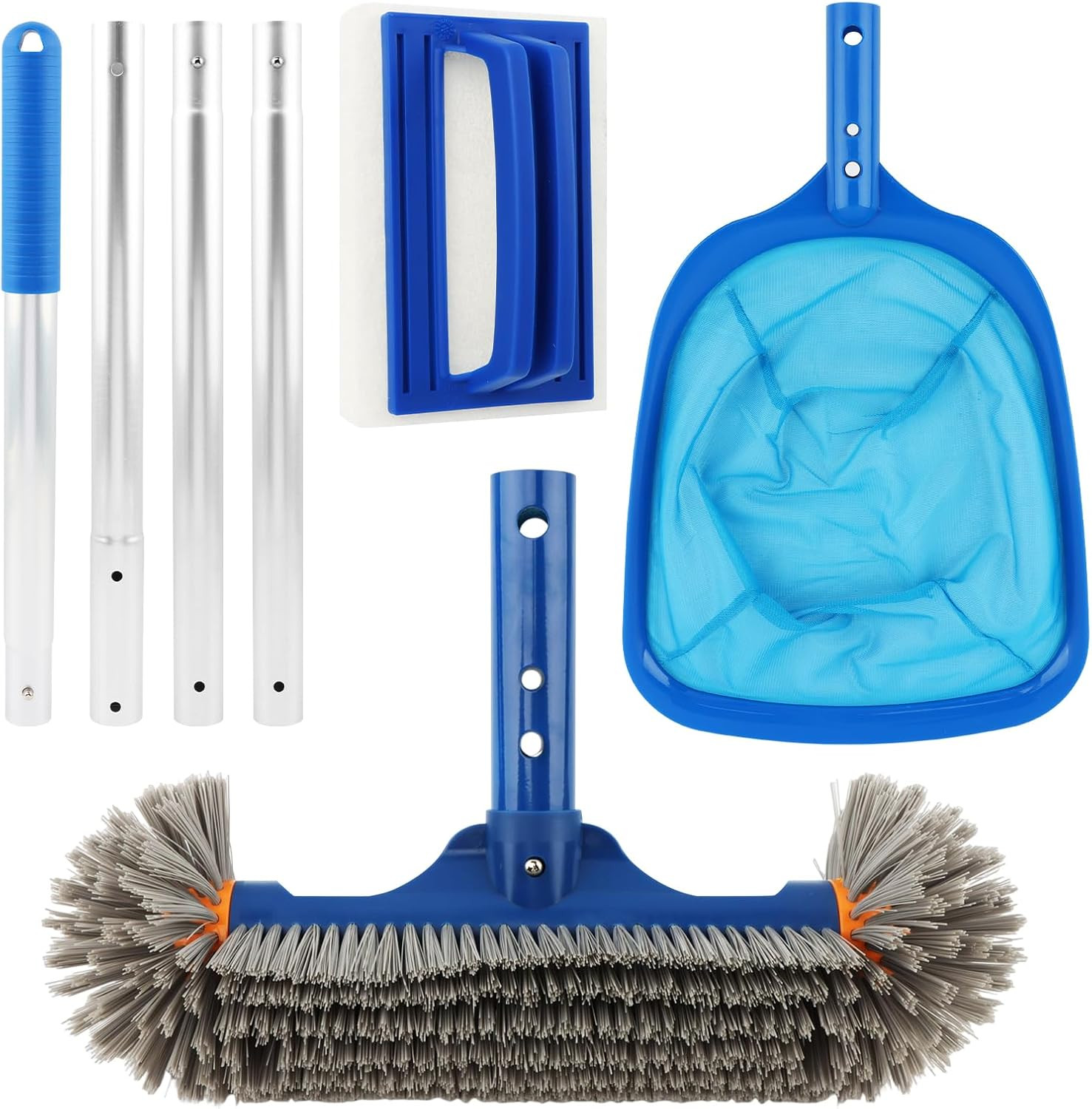 Pool Cleaning Kit 59&Prime; Adjustable Pole Skimmer Net Brush Sponge Above Ground Spa