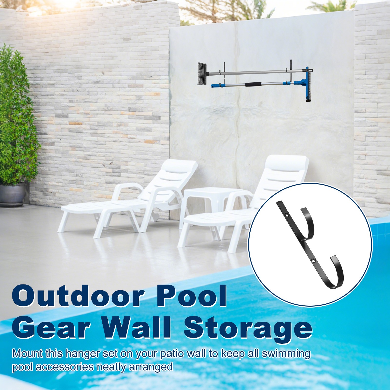 2-Pack Pool Pole Hanger, Iron Pool Hooks with Screws for Garden Tools [Black]