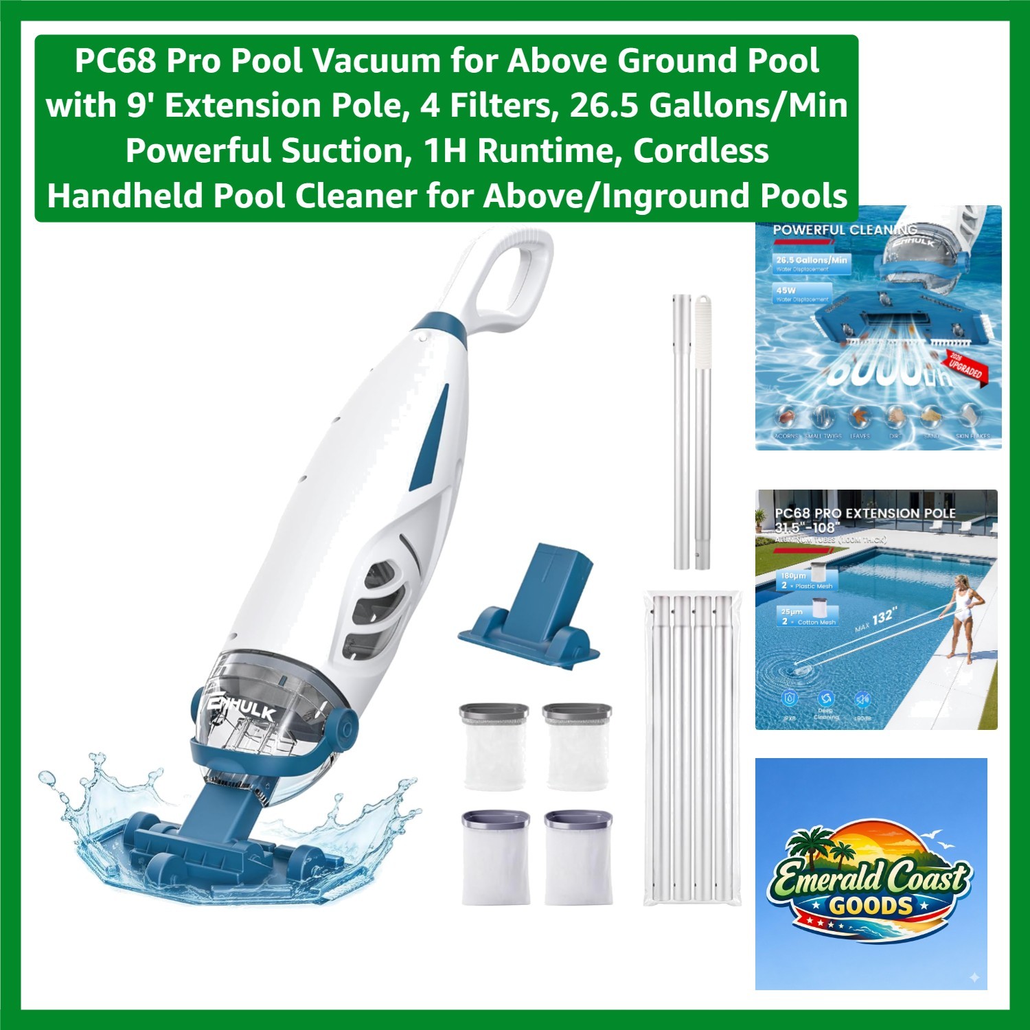 Rechargeable PC68 Pro Pool Vacuum – 1 Hour Runtime, Powerful Suction for Pools